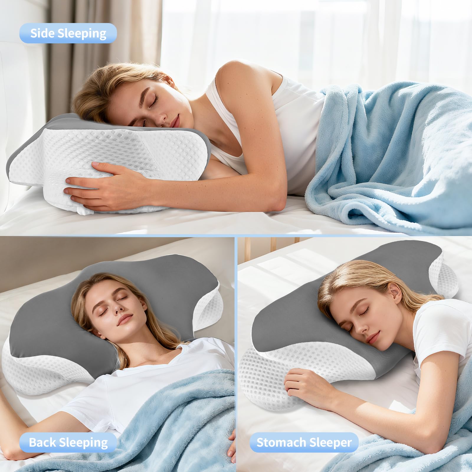 Cuscino Cervicale per Dormire, Cuscino Ergonomico in Memory Foam per Dormire, Cuscino per Supporto Cervicale con Federa Sfoderabile e Lavabile per Dormitori Laterali, Supini e Proni, Grigio