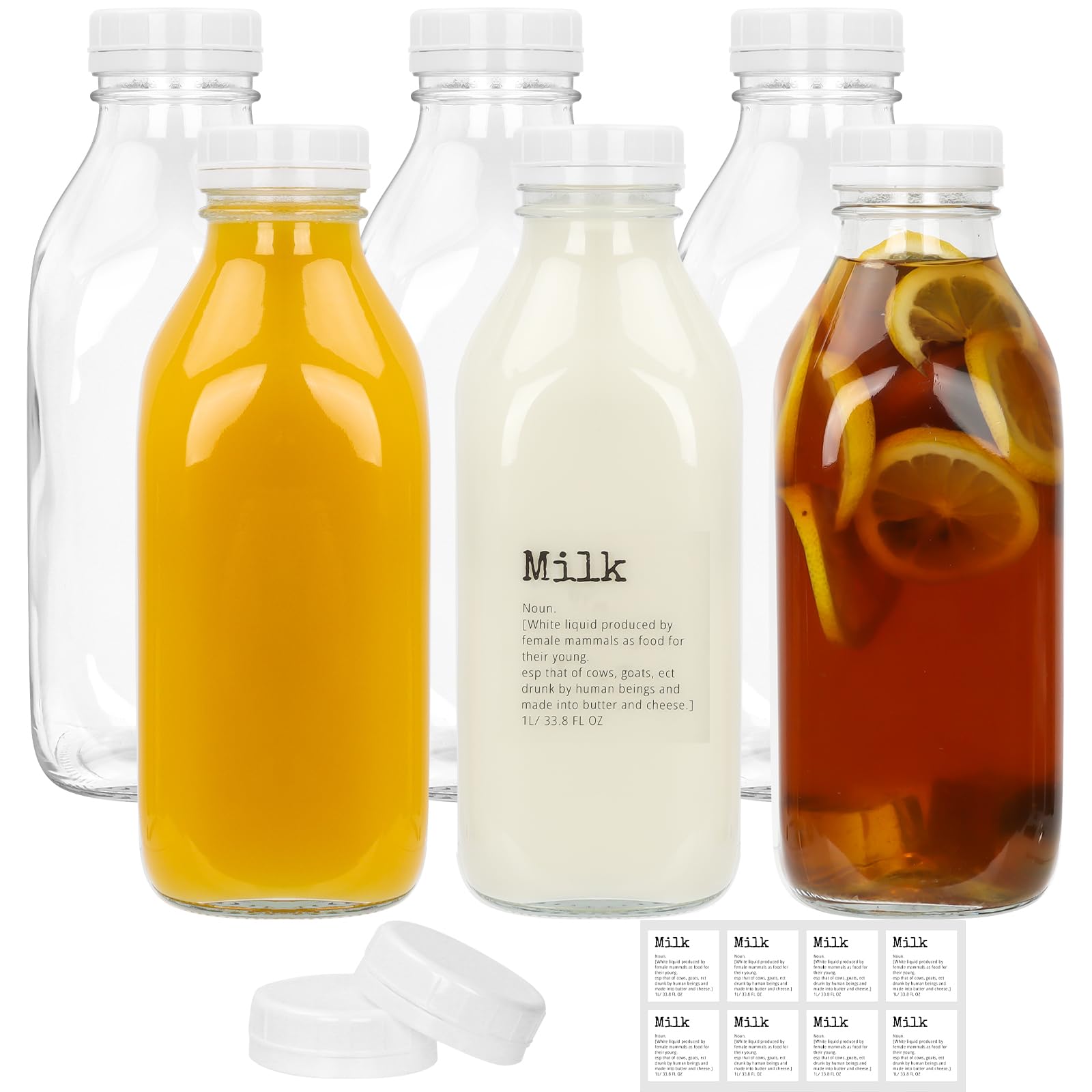 DHSBTLS 6 bottiglie per latte in vetro, Contenitore per Latte, 1 l, riutilizzabili, ermetico, resistente, trasparente, per succo, miele, sciroppo, 3 coperchi e adesivi