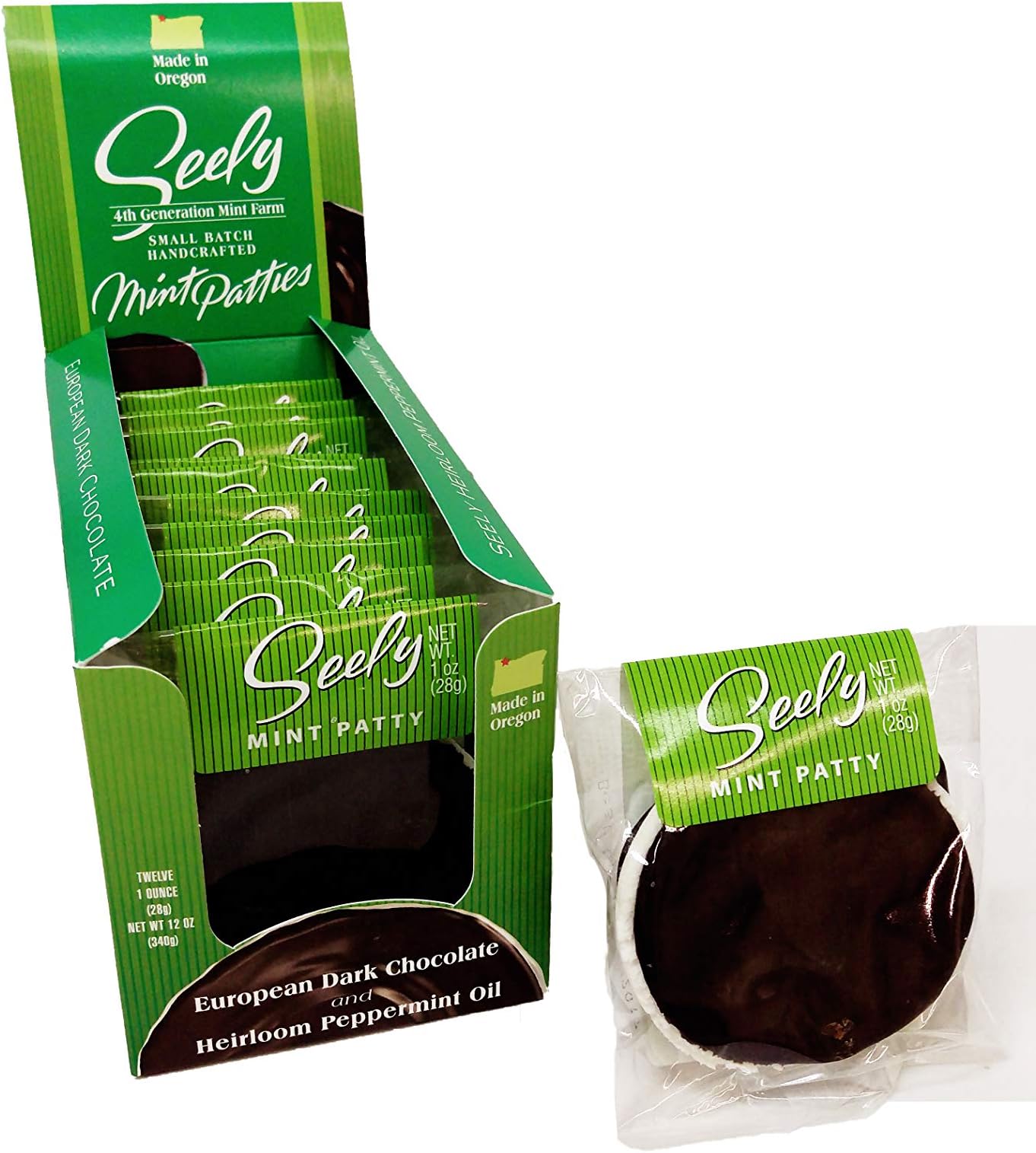 Seely Mint Patty Dark Chocolate Box, 1 oz Patties, 12 Pack