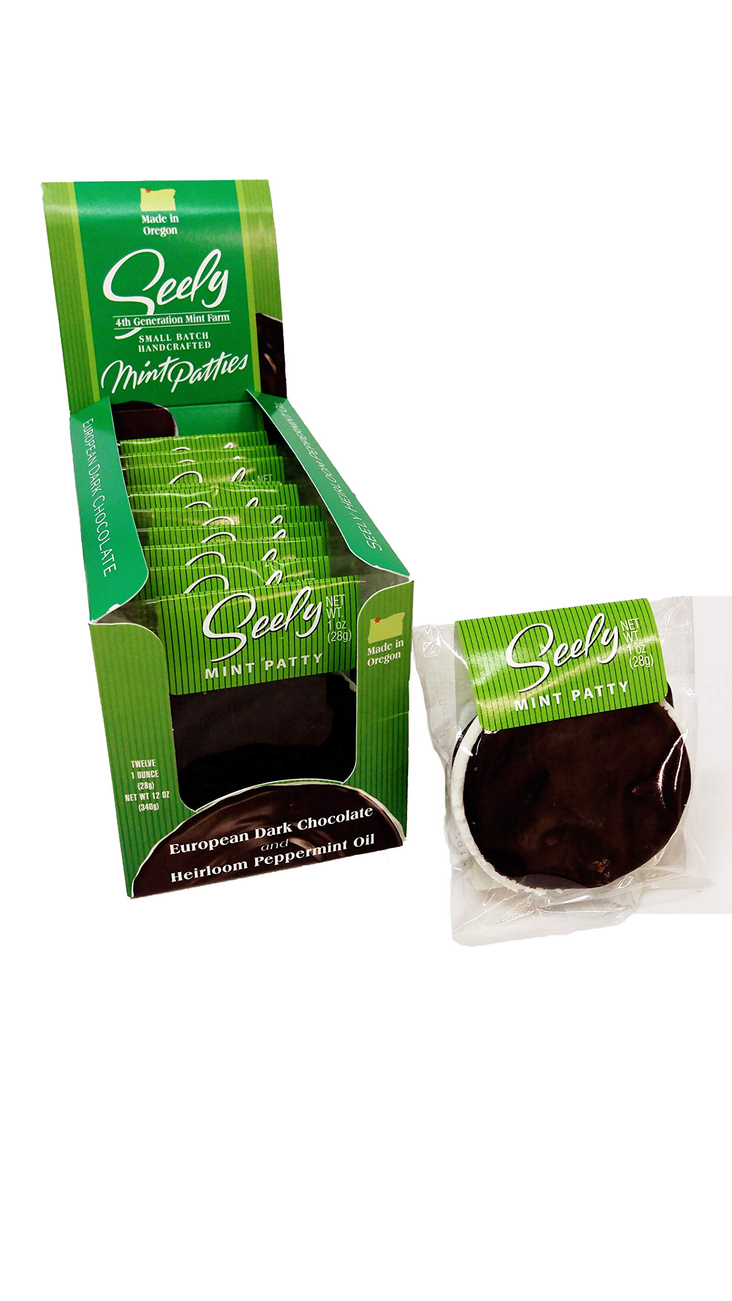 Seely Mint Patty Dark Chocolate Box, 1 oz Patties, 12 Pack