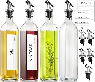 GMISUN 4-Pack 17oz Glass Olive Oil Dispensers for Kitchen - No-Drip Flip Spouts, Funnels, Preprinted Labels, Clear Cruets