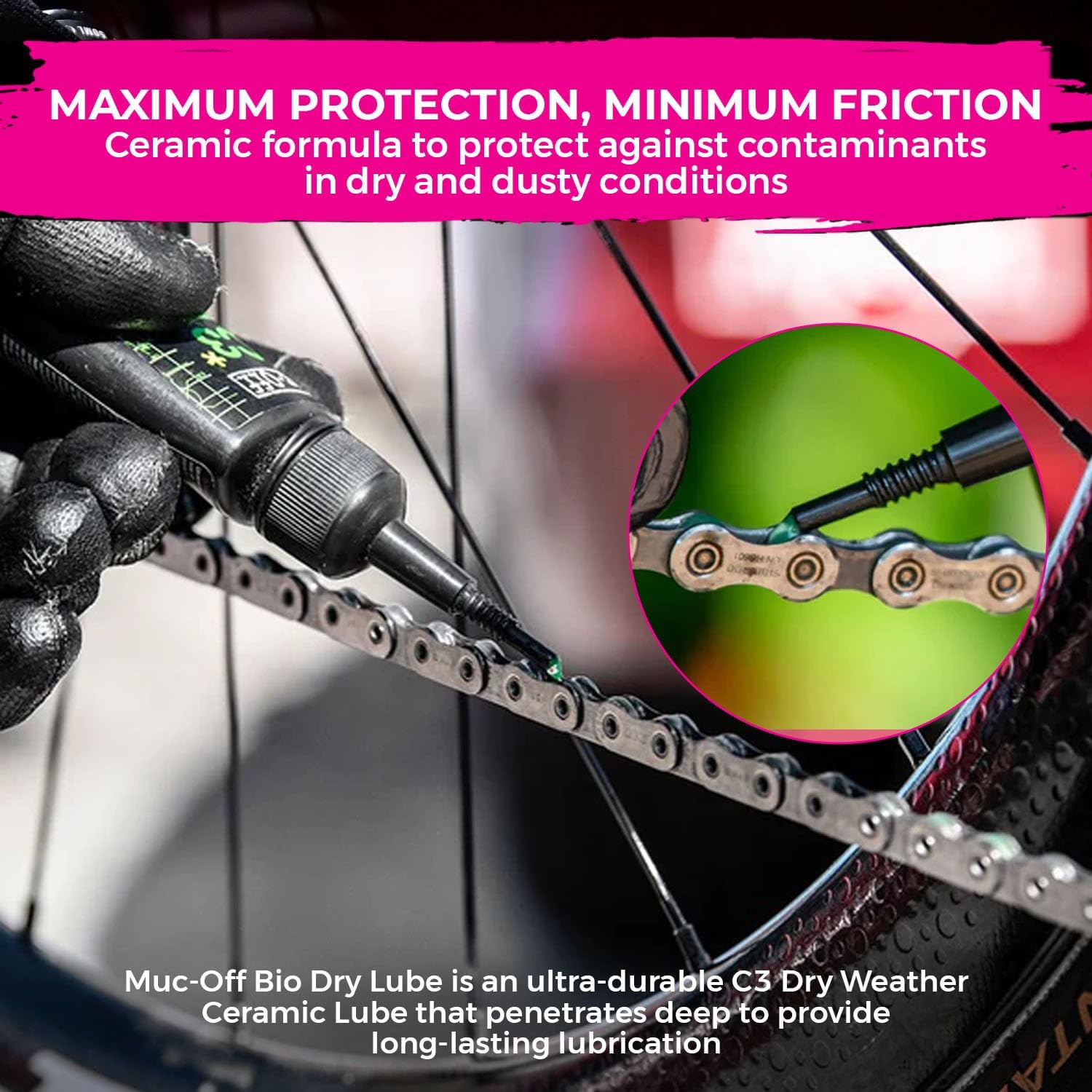 Muc-Off C3 Ceramic Dry Chain Lube 120ml + 3X Premium Bike Brush Set | Premium Bike Chain Lubricant with UV Tracer Dye | Ideal for Dry and Dusty Conditions