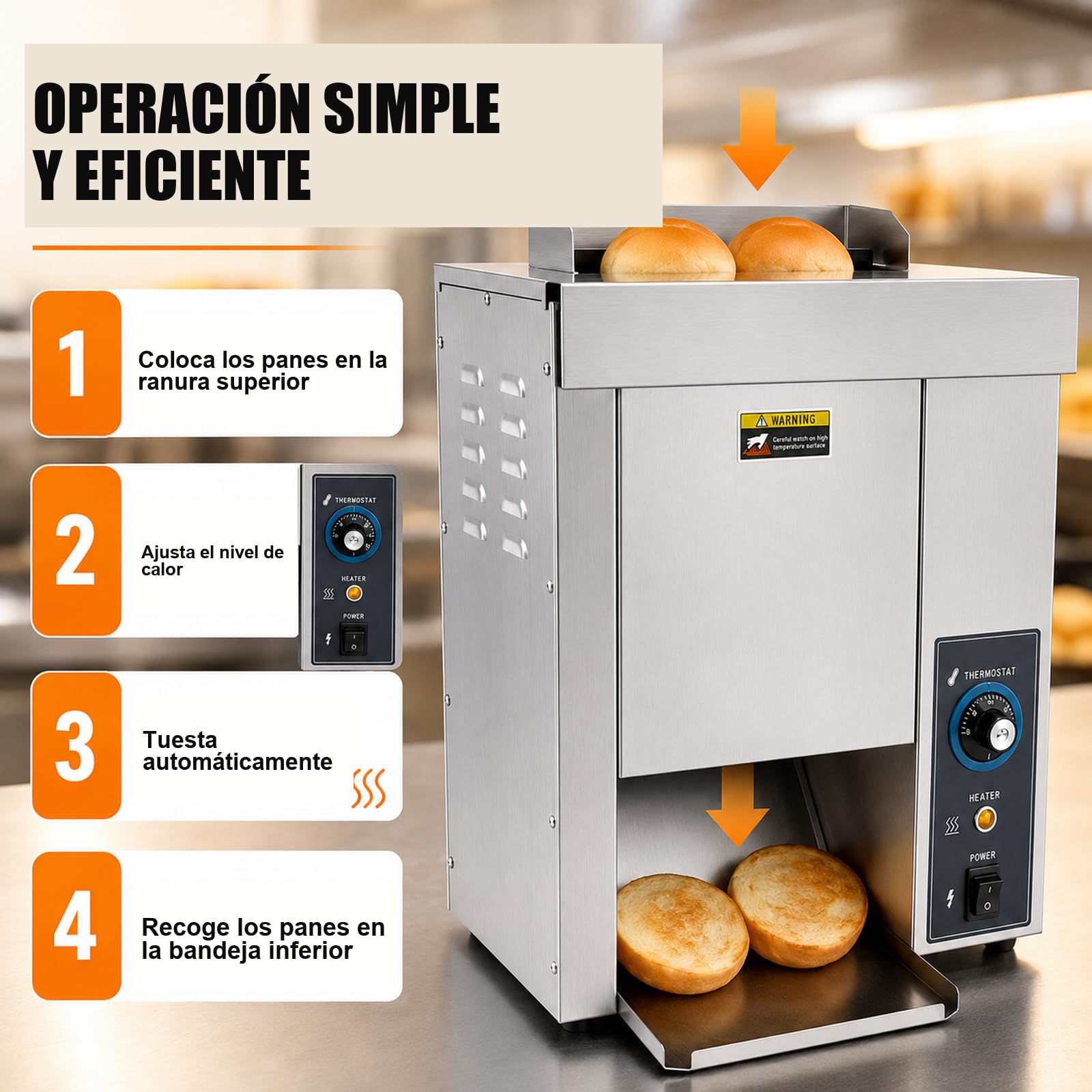 Tostador industrial vertical para pan de hamburguesa, 1400/h, 2000 W | Hasta 1.400 panes/h; 2.000 W; temperatura regulable; acero inoxidable; para hamburgueserías, restaurantes y food trucks.