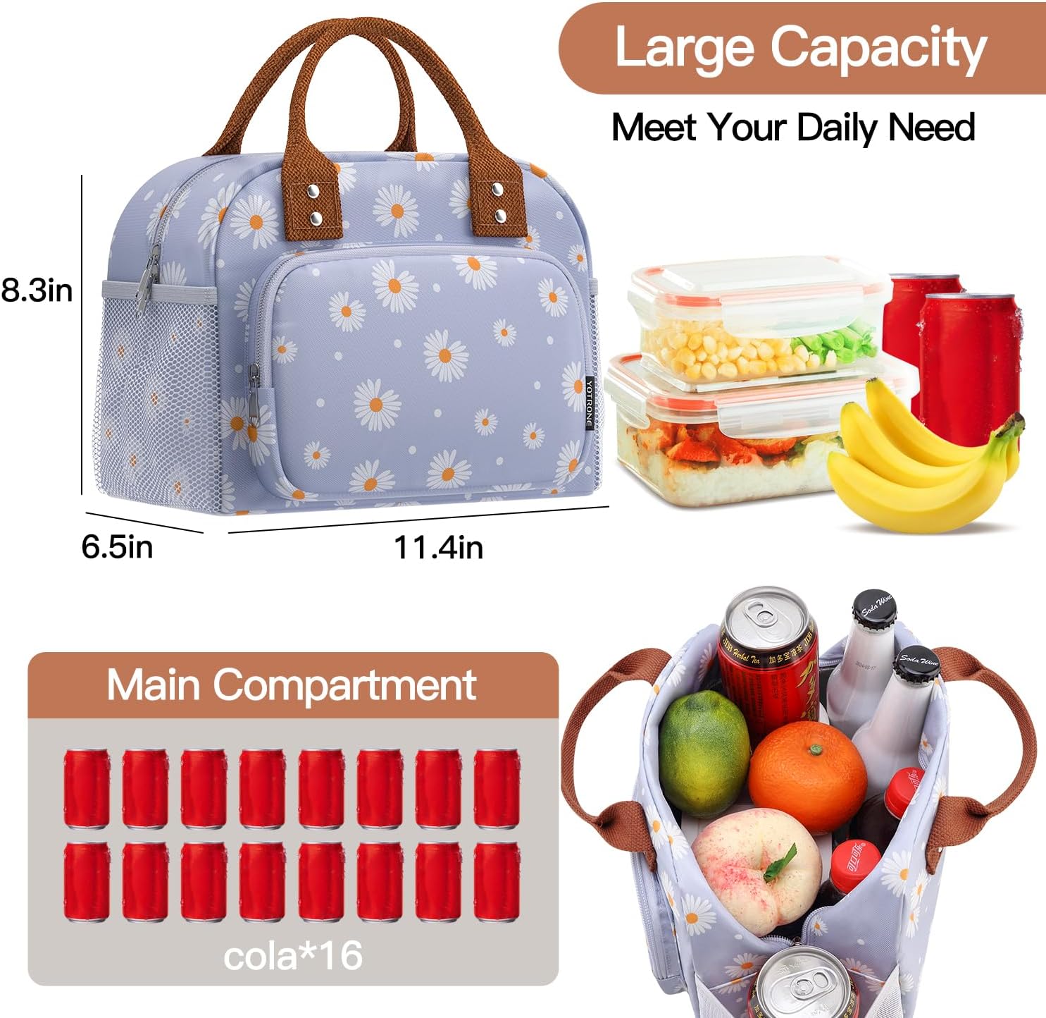 Lunch Bag for Women, Insulated Lunch Box for Women Men Work Adult, Cute Lunch Tote Large Capacity Reusable Cooler Containers for Picnic Travel Office or Beach (Blue Daisy) - Image 2