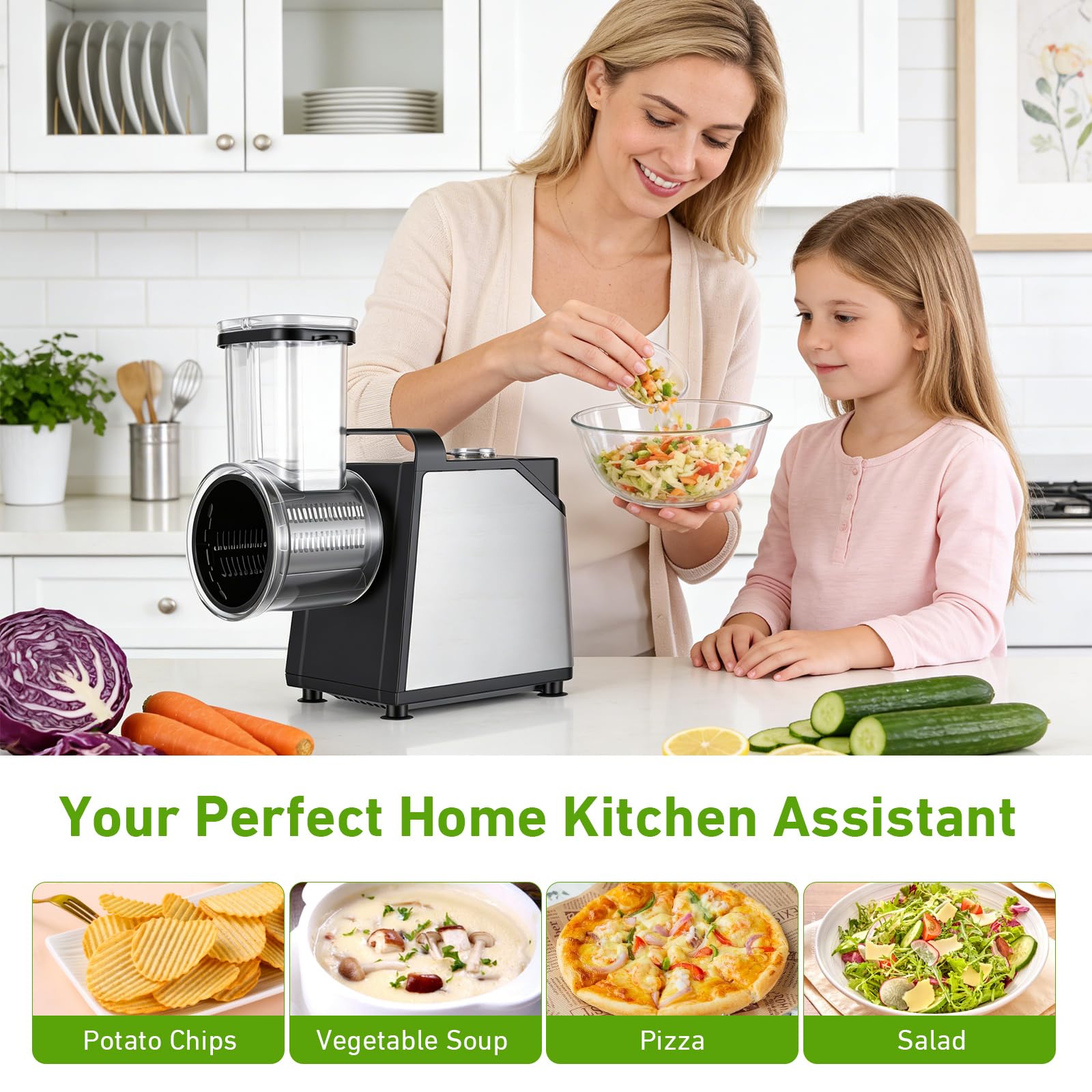 Rallador Eléctrico de Verduras y Fruta 250W, 7 en 1 Mandolina Electrica con 7 Cuchillas de Acero Inoxidable, Cortador de Verduras Electrico con Embudo de llenado Grande, para Verduras, Queso, Frutos