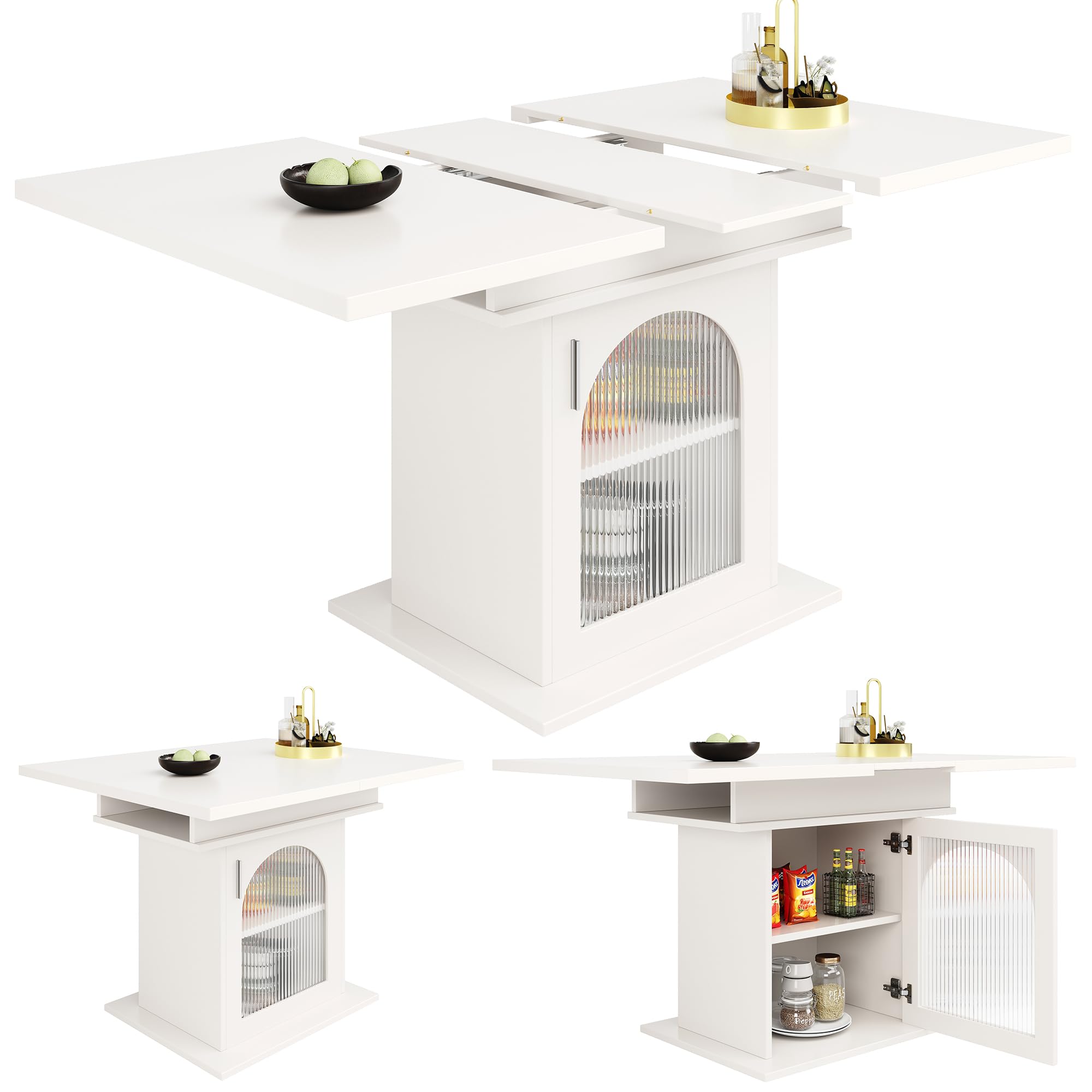 Tavolo da pranzo allungabile, 110/140 cm, 3 ripiani, ante in vetro, bianco, salvaspazio, cucina, soggiorno, moderno