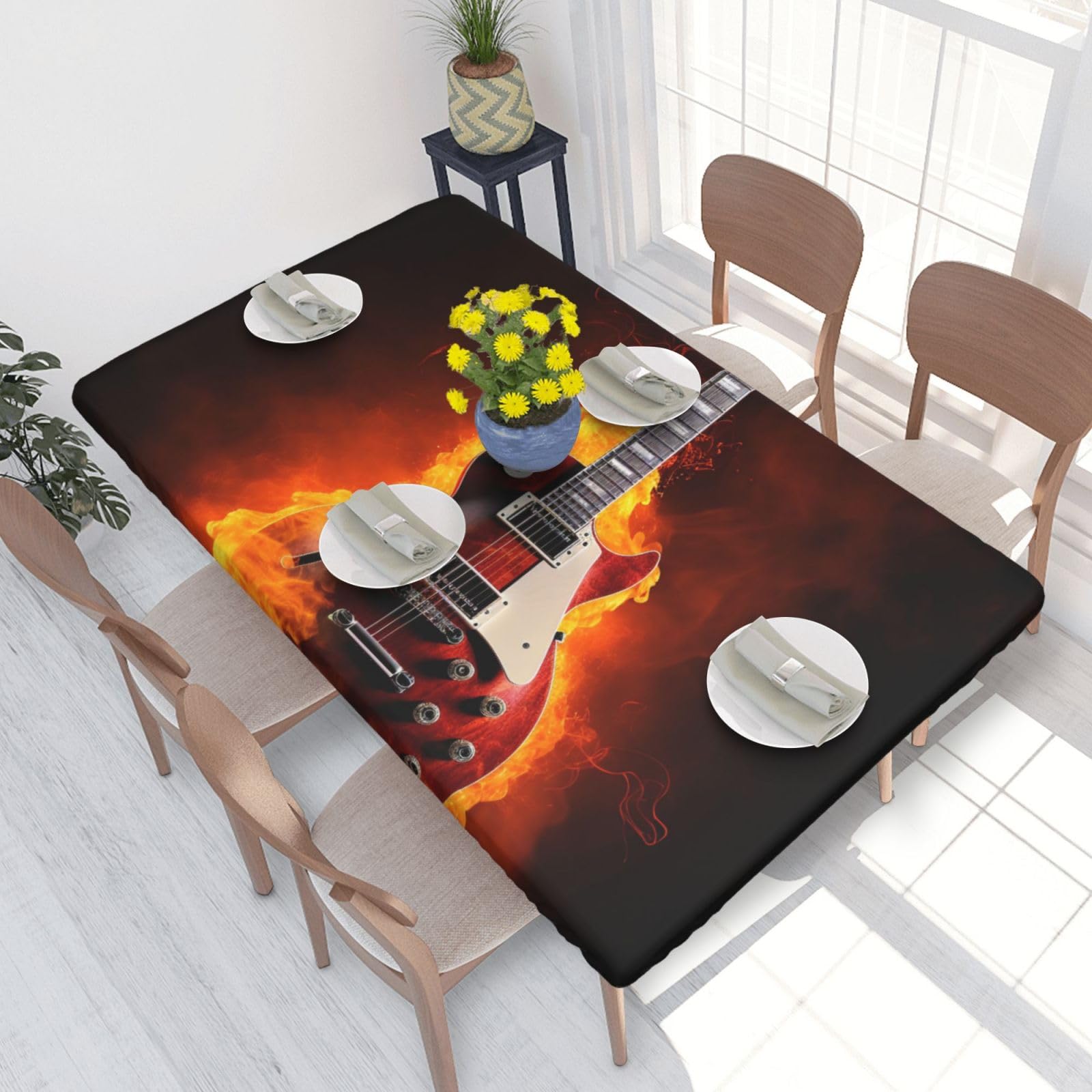 DCARSETCV Rock Guitar in Burning Printed 4FT Waterproof Tablecloth with Elastic Edged Protect & Decor Your Table, Oil-proof Washable Table Cloth Cover for Dinner Picnic Party