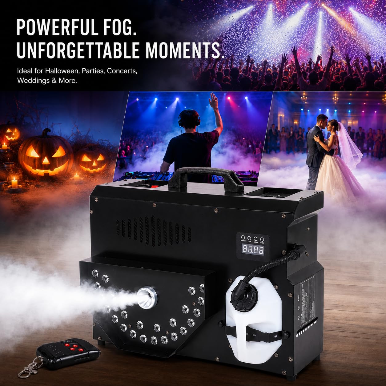 3500 W macchina portatile della nebbia, generatore di atmosfera LED ad angolo regolabile per eventi, matrimoni, bar, feste - crea l'effetto palcoscenico perfetto