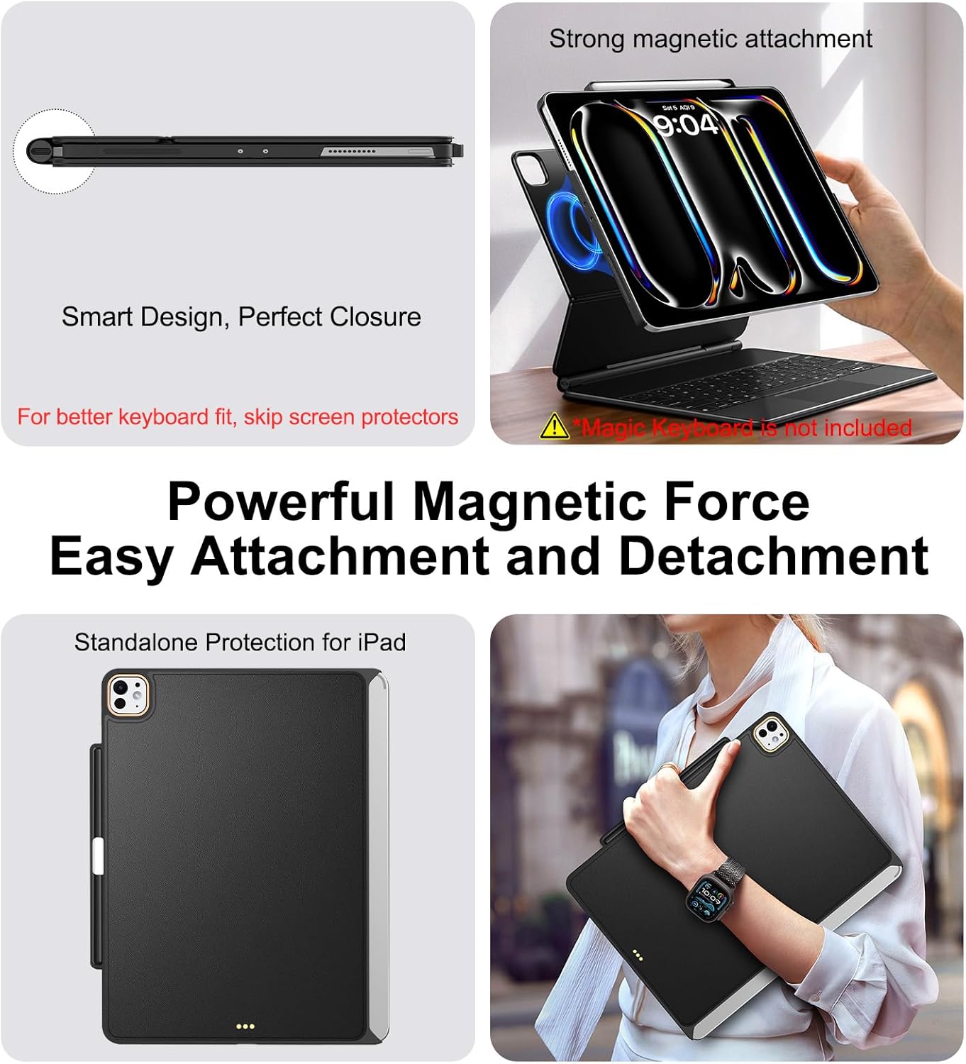 Magic Keyboard Compatible Case for iPad Pro 13 inch M4/M5 2024/2025, Cover with Apple Pencil Holder for Smart MagicKeyboard Folio Slim Durability (Keyboard Not Included), Black Delicate Leather