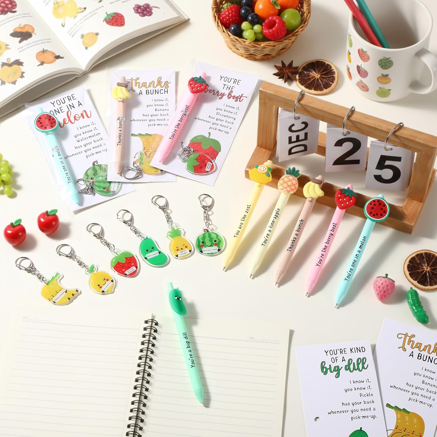 Dunzoom 36 Sets Positive Fruit Pen Gifts Bulk Motivational Gift from Teacher Funny Affirmative Pen Acrylic Keychain Card Employee Appreciation Day Gift for Social Worker Staff Coworker Teacher Office