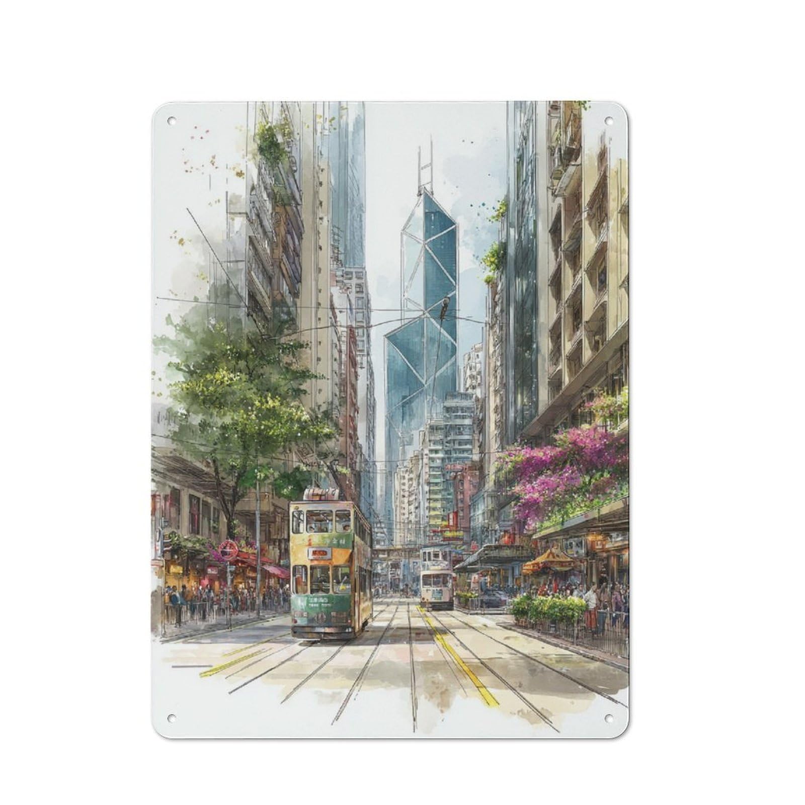 Junmoney Trams In The Cityscape Tin Wall Plaque 40X30cm With For Hobby Room Or Studio, For Updating Hobby Room And Studio After Moving