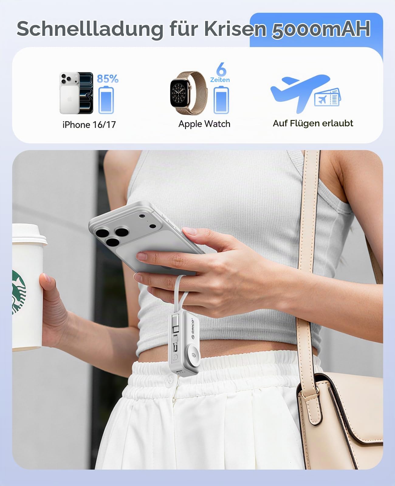 ORICO Mini Powerbank 5000mAh Weiß, Kompatibel mit Apple Watch und iPhone | PD 22,5W Schnellladung, Aufstellständer, nur Apple Watch Ladefunktion, klappbarer USB-Stecker, integriertes USB-C Kabel