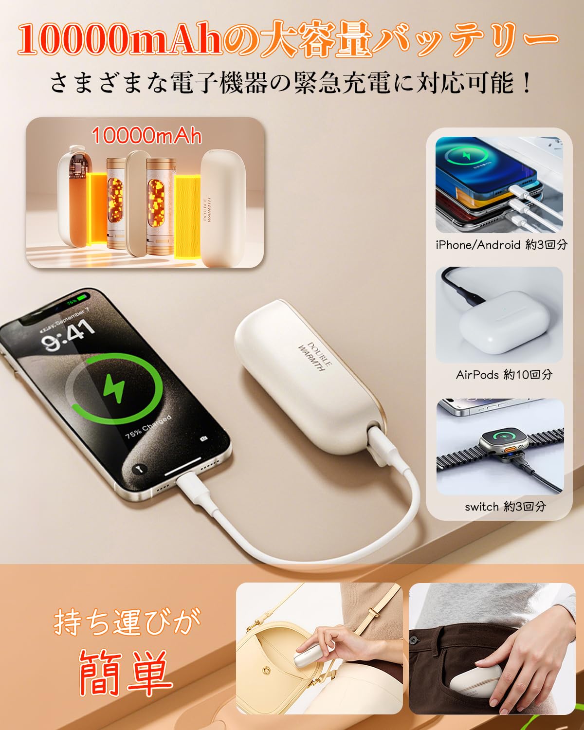 Amazon.co.jp: 【暖手＆充電・1台2役】充電式カイロ 電気カイロ ハンド