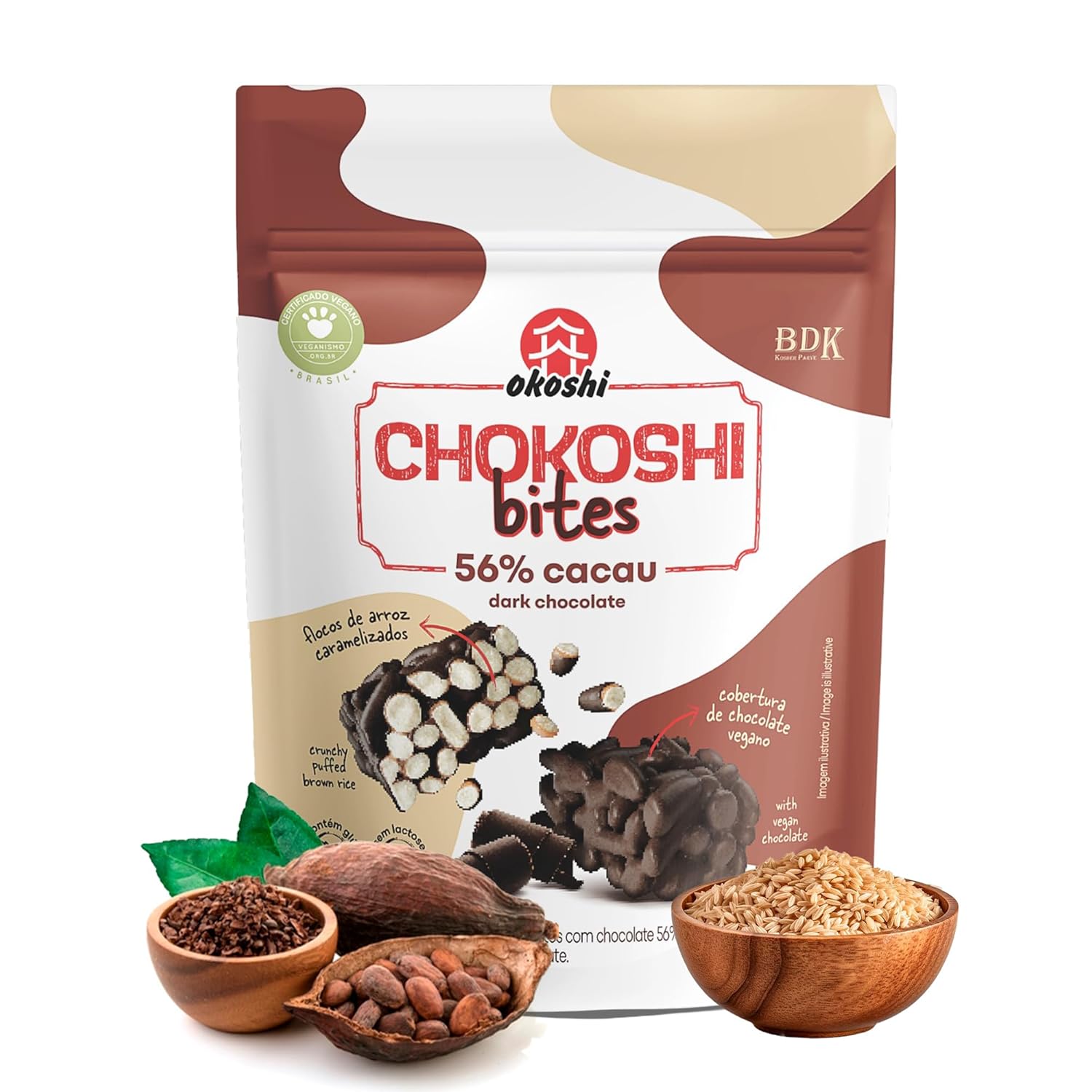 OKOSHI - Pack of 12 Chokoshi Bites 56% Cocoa - Caramelized Rice with 56% Dark Chocolate, Low-Calorie Healthy Snacks, Diet-Friendly, Vegan, Gluten-Free, Lactose-Free, Trans Fat-Free, Kosher - 12 x 50g