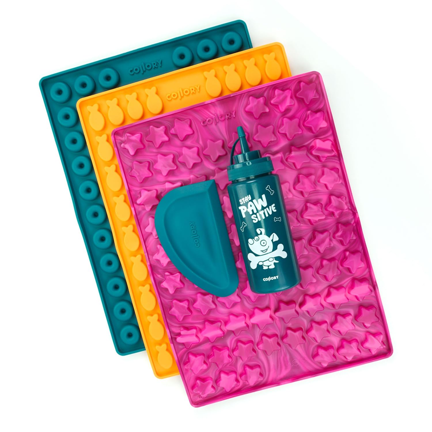 Collory große Backmatten Hundekekse Starter Paket inkl. Zubehör (5er Set), Hundeleckerlis in MEDIUM backen, Dosierflasche und Schaber, Lebensmittelecht & Bpa-frei