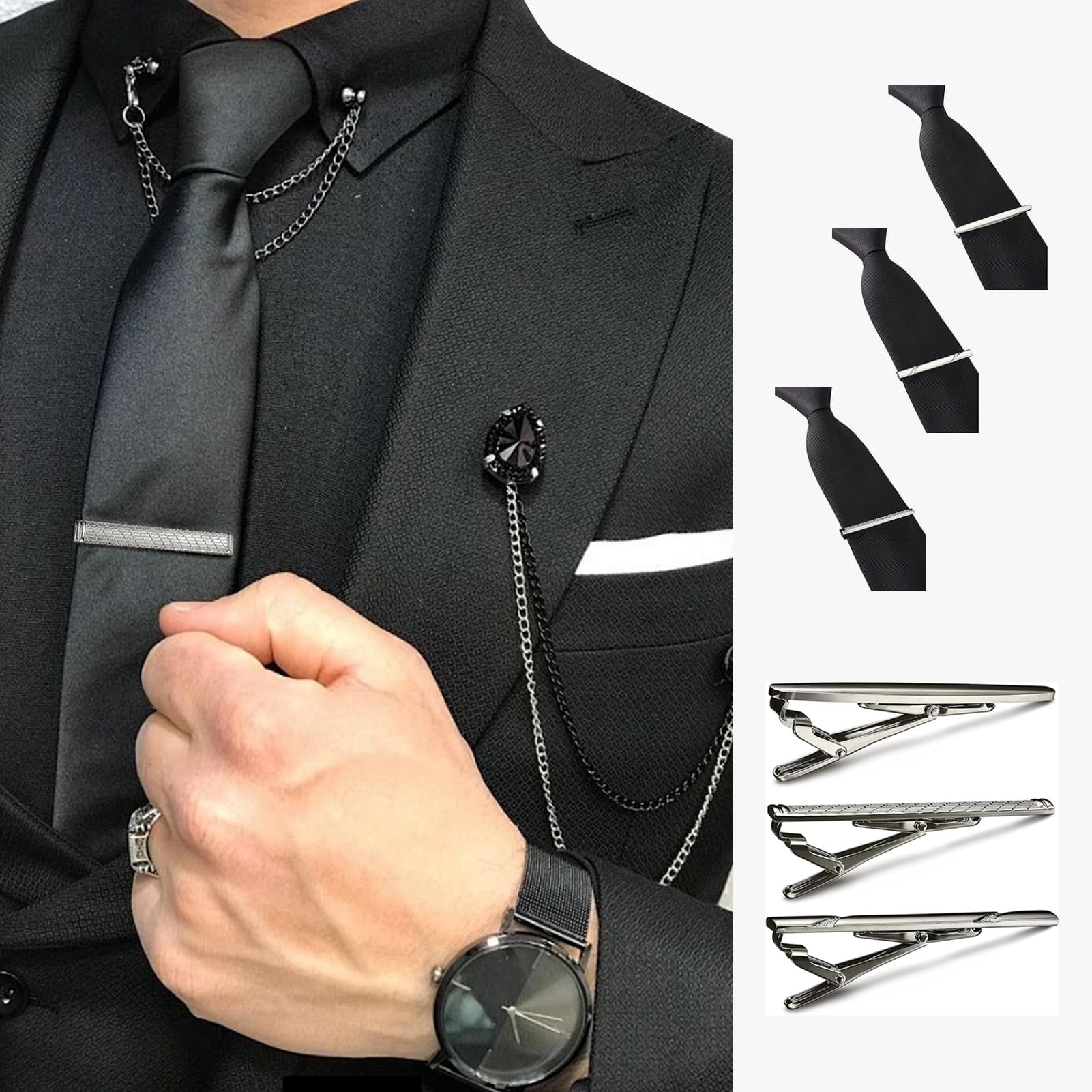 Zestaw 3 spinek do krawata dla mężczyzn – eleganckie spinki do krawata na różne okazje, NO, Skóra