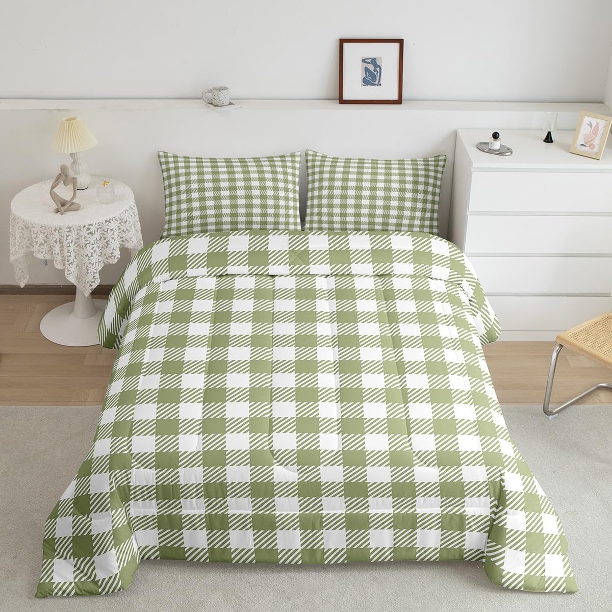 Manfei Green Plaid Comforter Set Buffalo Check Plaid Bedding Set Classic Gingham Pattern Bedding Home Decor Light Green White Scottish Comforter Twin Size Quilted Duvet Set with 1 Pillowcase