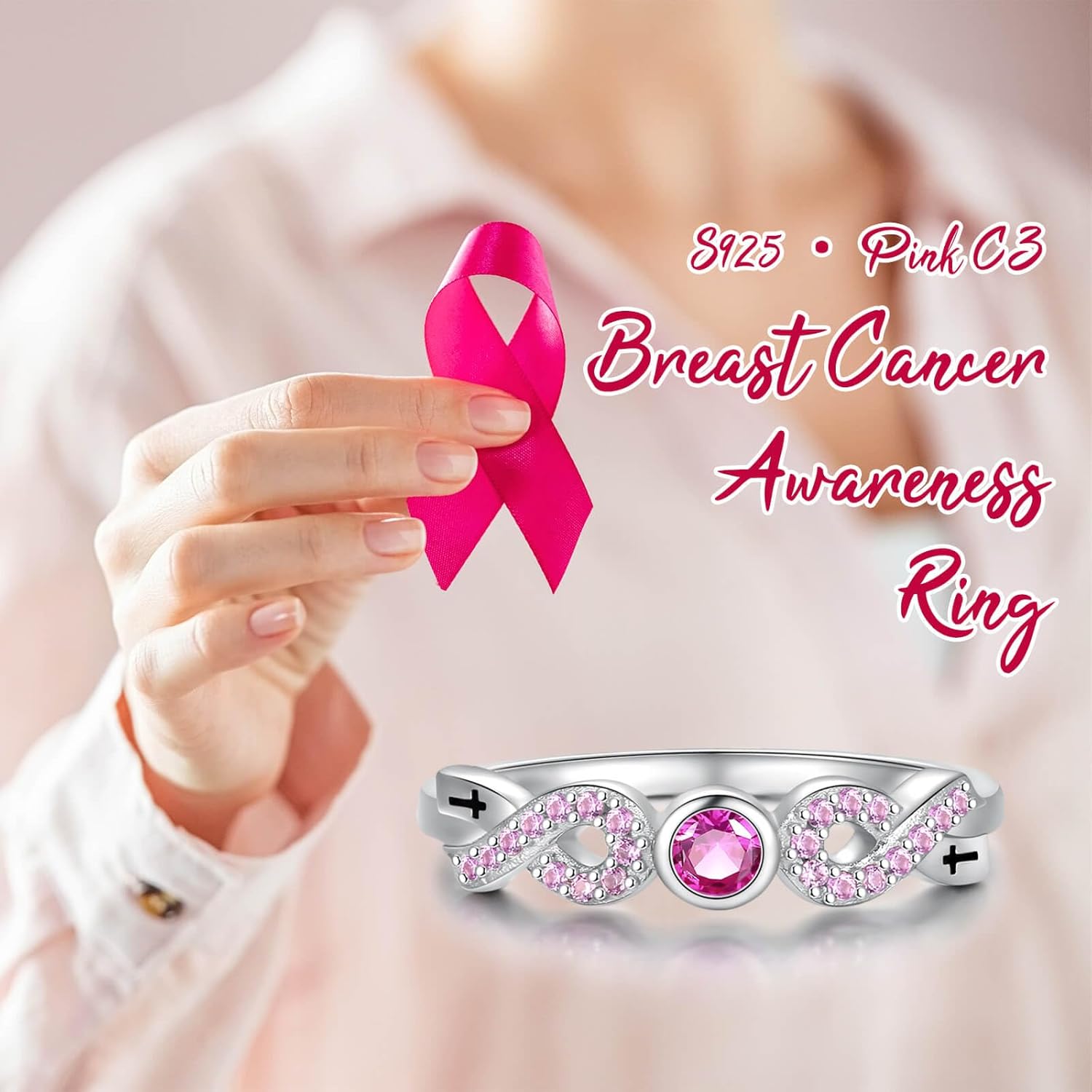Breast Cancer Awareness Ring 925 Sterling Silver Cubic Zirconia Pink Ribbon Rings Survivor Jewelry Inspirational Gifts for Women