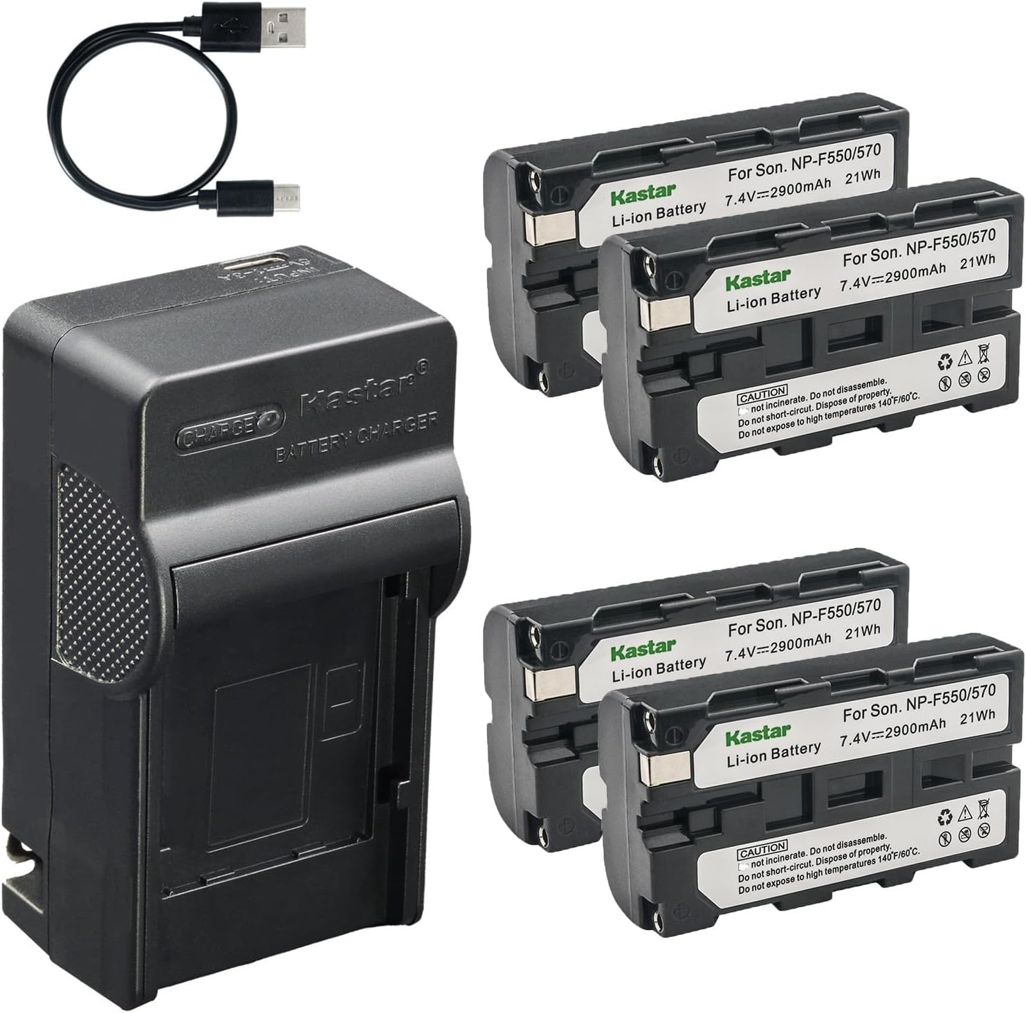 Kastar 4-Pack Battery and AC & USB-C Charger, Compatible with NP-F550 NP-F570 NP-F750 NP-F970, for LED Video Lights Panels Photography Lighting Equipment