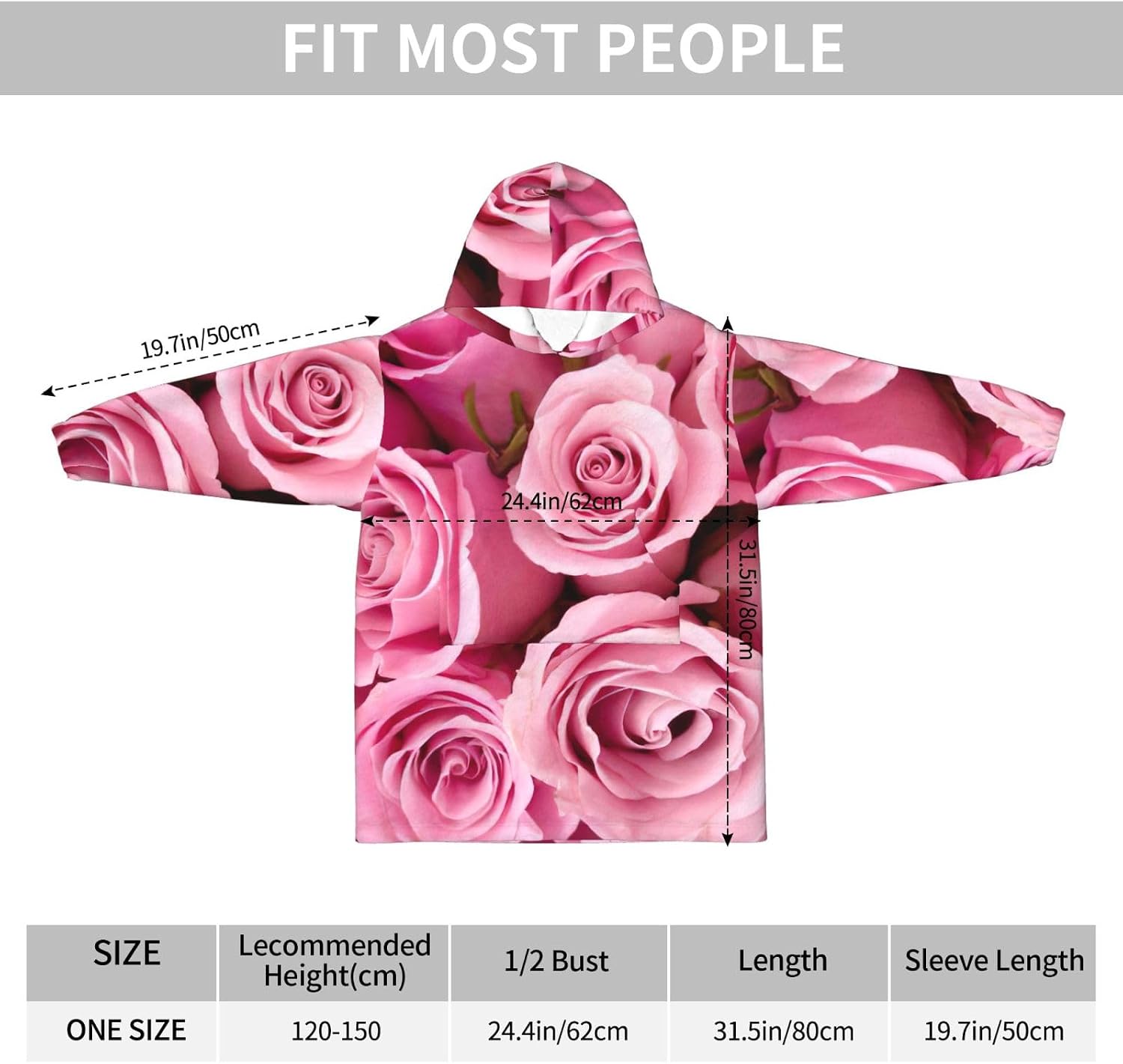 Pink Rose Print Oversized Blanket Hoodie, Wearable Blanket Hooded,Hooded Pullover With Pocket