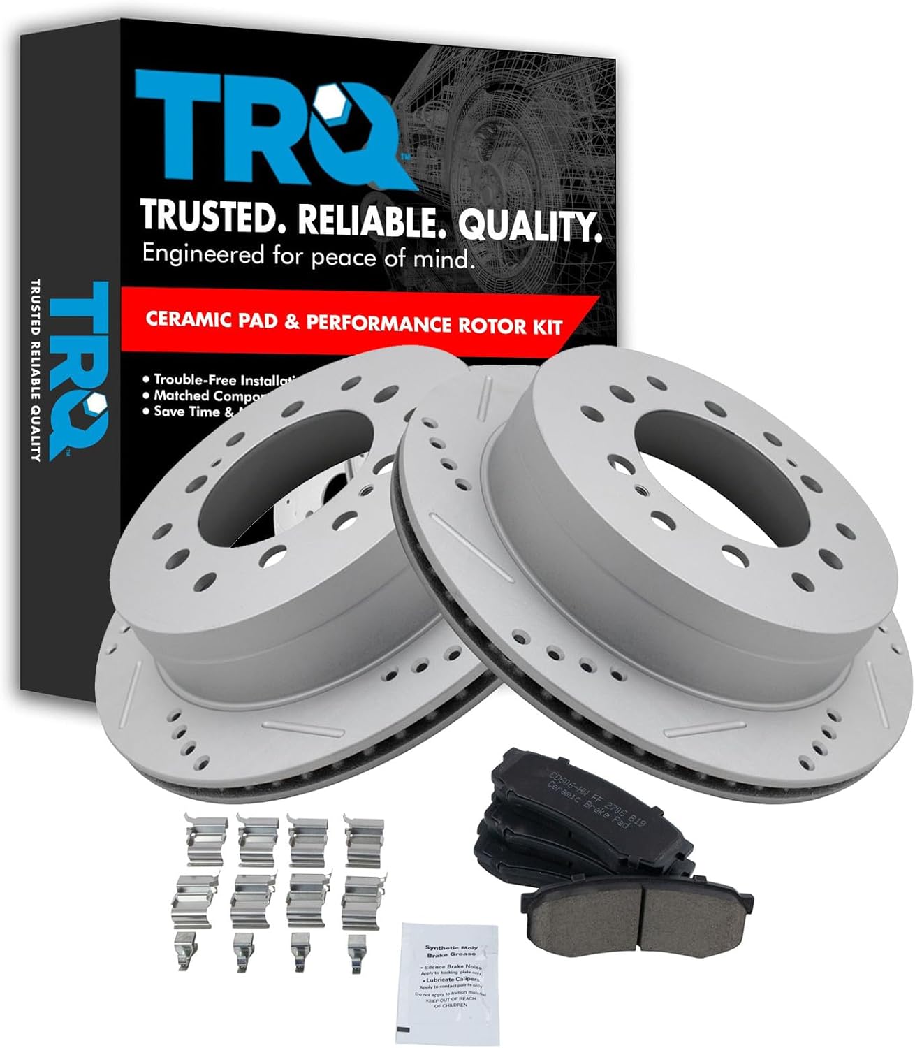 TRQ Rear Brake Pad and Rotor Set Ceramic G Coated Drilled Slotted Vented Rotors Compatible with 2003-2009 Lexus GX470 Toyota 4Runner 2007-2009 FJ Cruiser 2001-2007 Sequoia