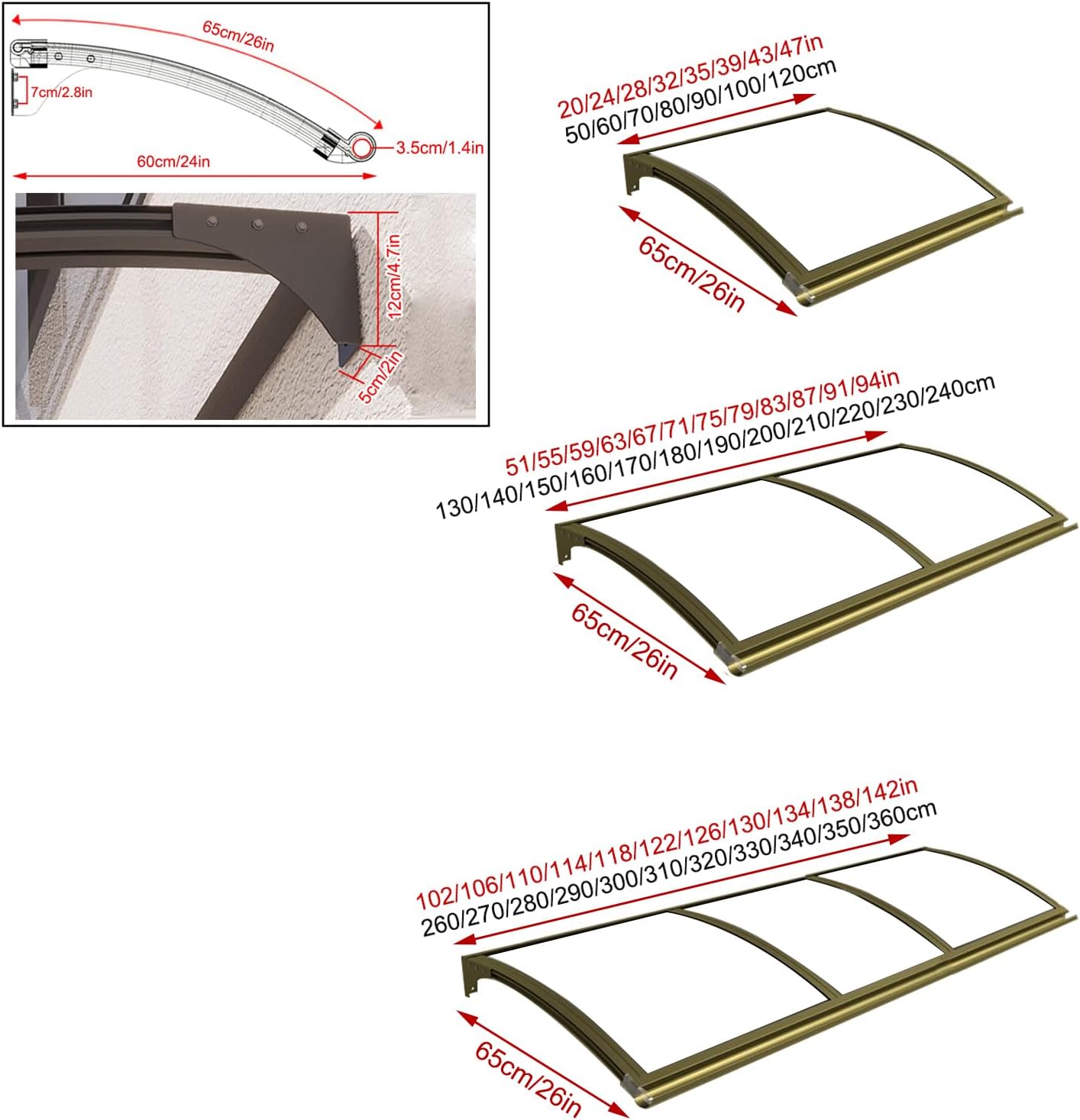 Door Window Awning Canopy,Outdoor Awning Patio Window Door Canopy Cover,Porch Awning Shelter,Overhead Door Polycarbonate Cover,Roofing Canopies,for UV Water Rain Resist (65x150cm/26 x59)