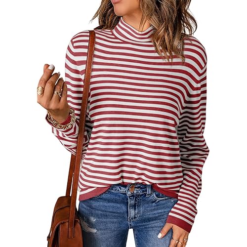 Dokotoo Women's Lightweight Sweaters 2024 Fashion Striped Long Sleeve Sweaters Casual Pullover Turtleneck Sweater Tops