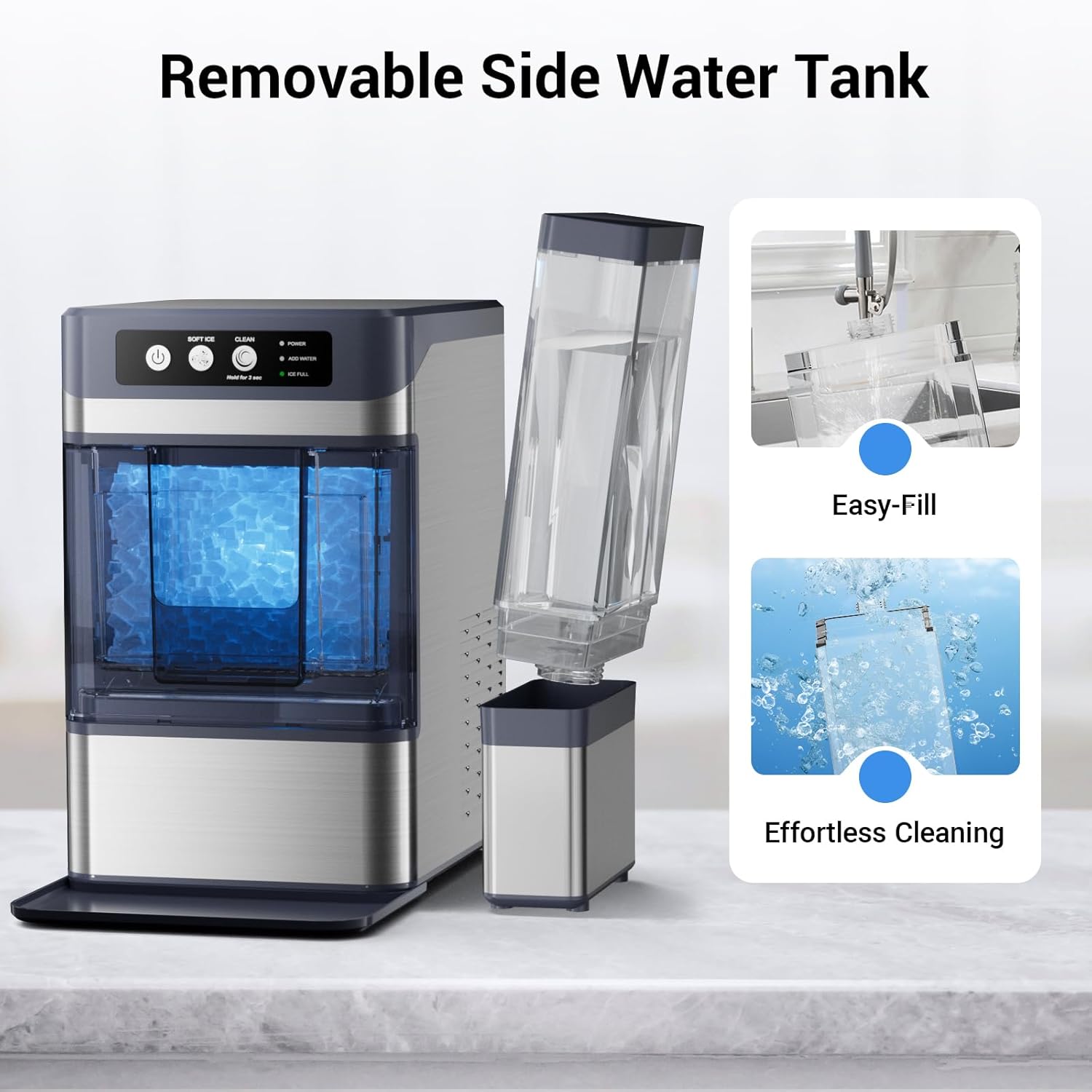 Nugget Ice Maker Countertop 44 Lbs/24h, Chewable Nugget Ice Machine with Side Water Tank, Ready in 5-10 Mins, Self-Cleaning Pellet Ice Machine,Stainless Steel,Scoop Included