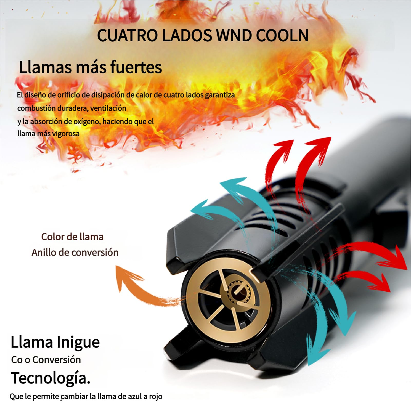 Encendedor de Camping Recargable Butano Resistente al Viento Llama Ajustable Bloqueo de Seguridad Grado Militar
