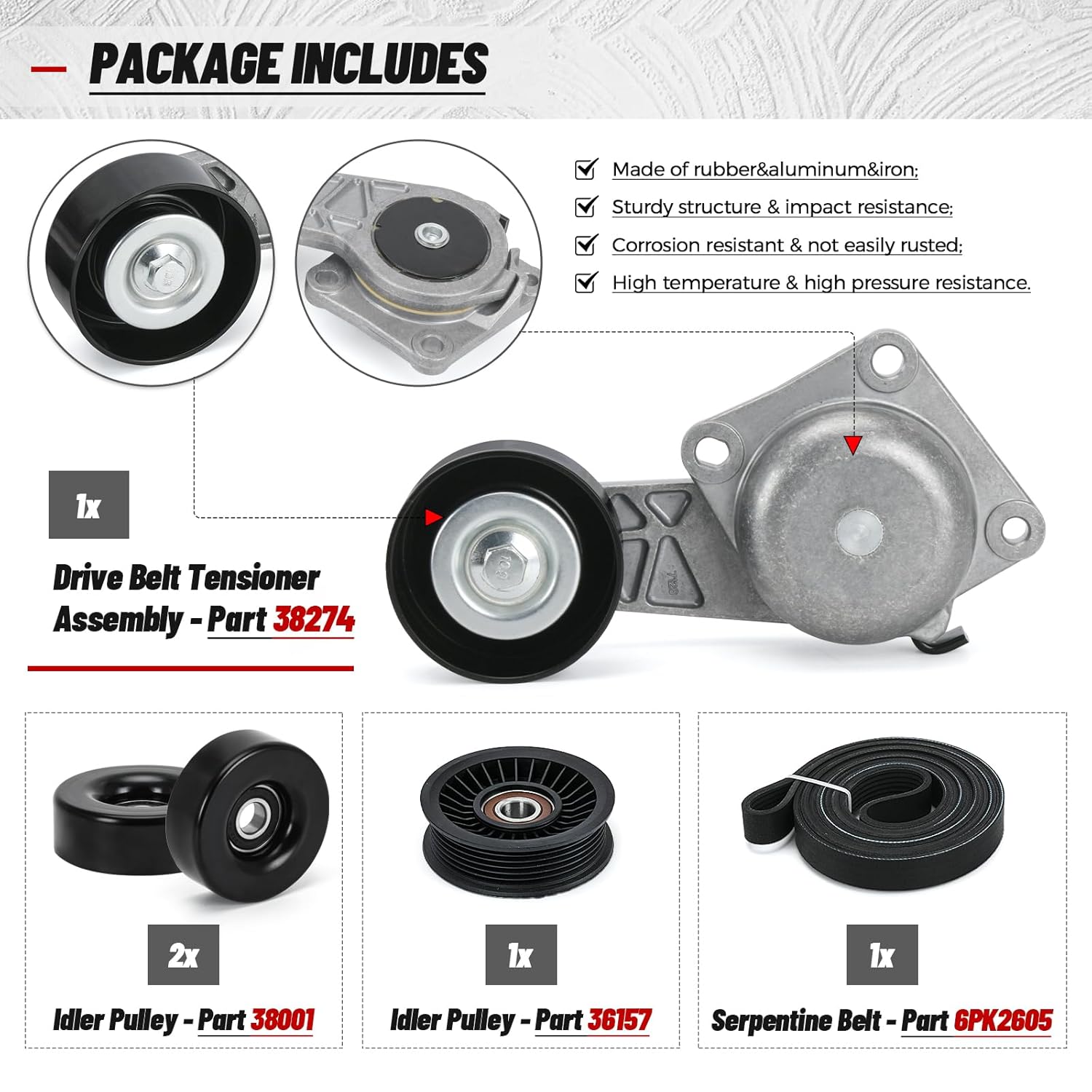 38274 Serpentine Belt Drive Kit Tensioner & Idler Pulley Fits for Ford Expedition F150 F250 F350 Lincoln Navigator Mercury Mountaineer Replaces 90K-38274A 6PK2605 ACK061025