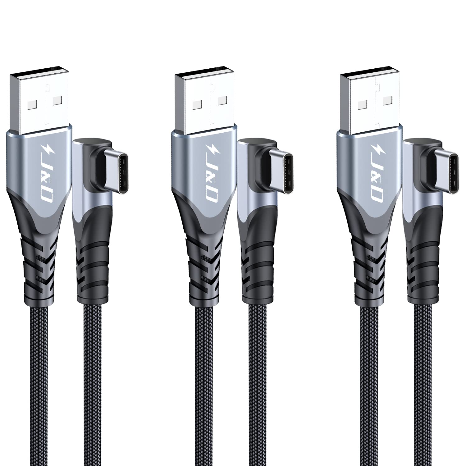 J&D USB Type-C Cable (3-Pack), Nylon Braided 3A USB C Fast Charging Right Angle USB Type C Cable Compatible with Galaxy S22/S22+, Note 10/9/8, Type C Charger, 2 Meter