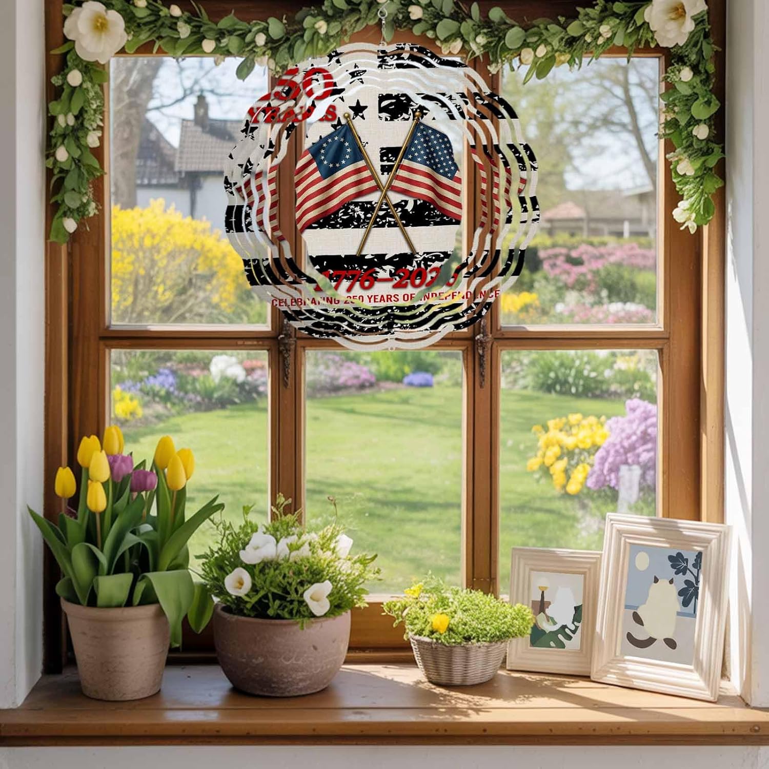 Independence Day 250th Anniversary Wind Spinner for Garden Yard 3D Stainless Steel Hanging Wind Spinners, Retro USA Flags Spinners Outdoor Metal Decor for Lawn Patio Home