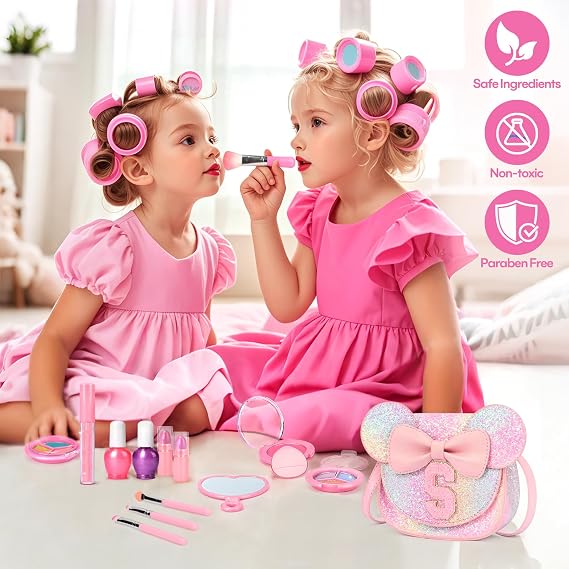 Kids Makeup Kit for Girl, 15Pcs Real Washable Make Up Set & Purse Rainbow S