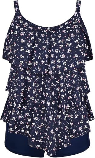 Septangle Ladies Bathing Suits Two Piece Tankini Swimsuits Tummy Hide Slimming Modest Layered Swimwear Plus Size,Navy Blu...