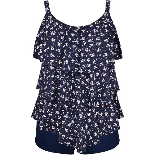 Septangle Women's Tankini Swimsuit Two Pieces Set Ruffle Swimwear Bathingsuit with Boyshort