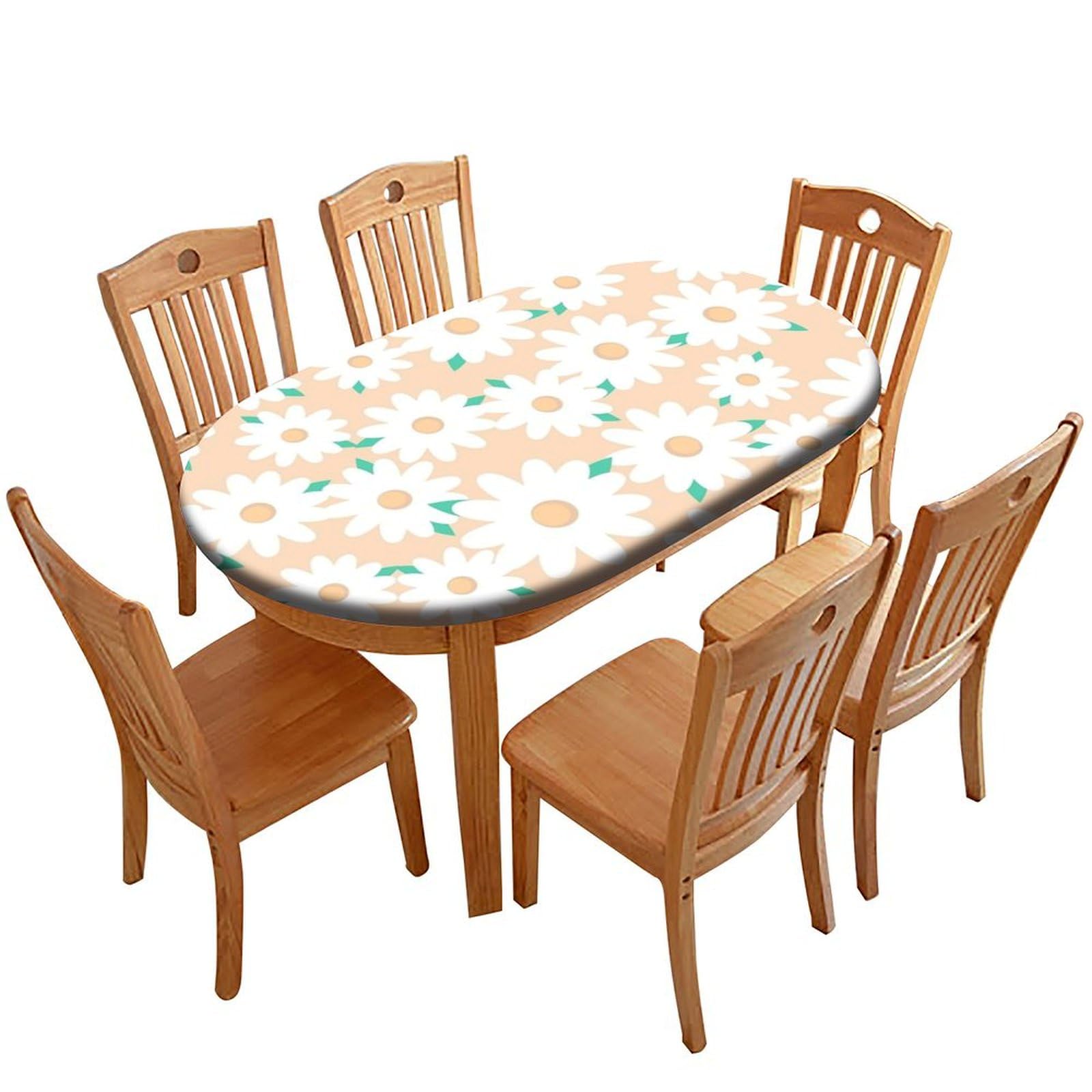 Oval Fitted Polyester Tablecloths, Fits for 48" x 80" Oval Table, White Daisy Floral Elastic Edge Home Decor Tablecloths Stain Resistant Washable