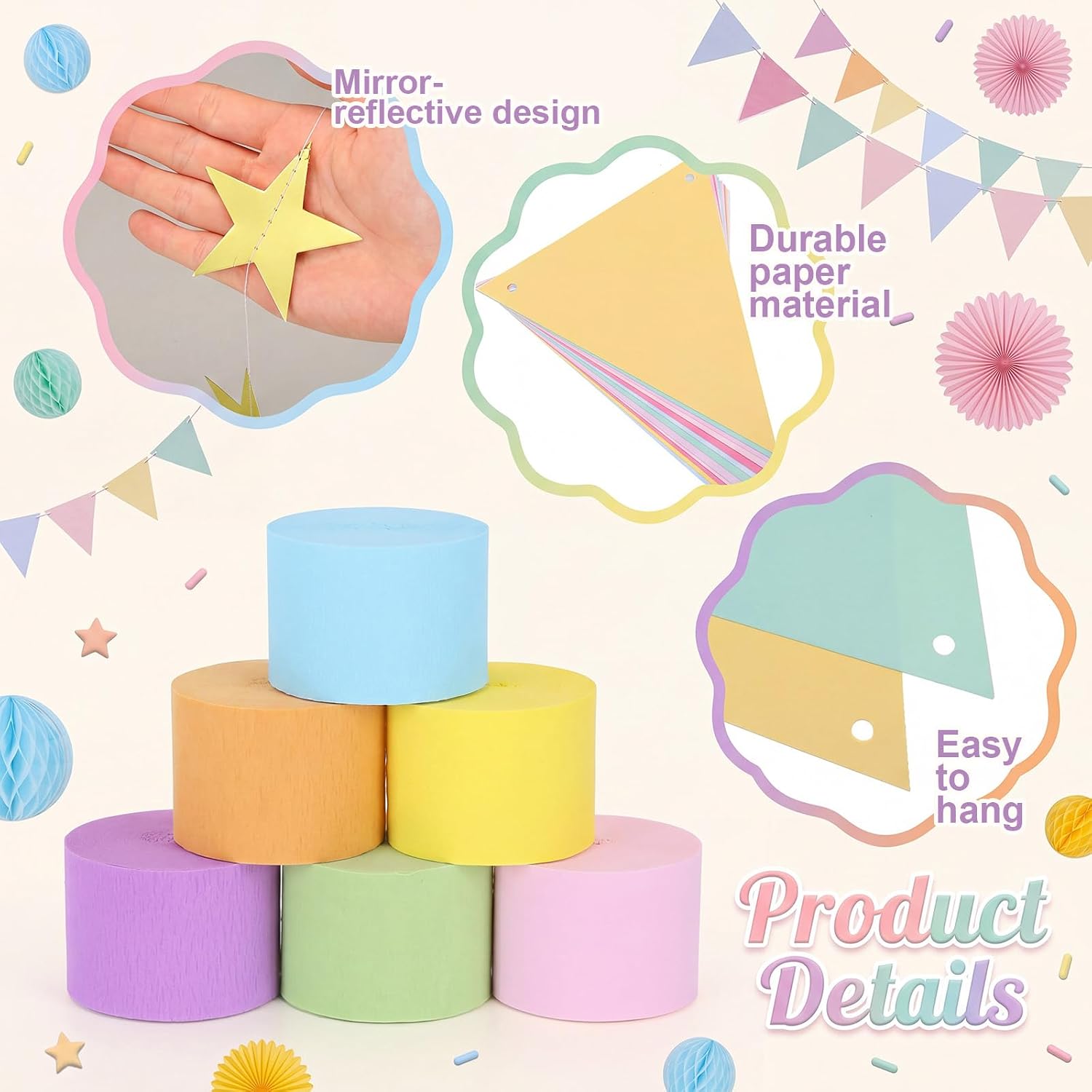 Frienda 300 Sheets Paper Chain Strips Party Decor Crepe Paper Streamers Glitter Star Garlands Backdrop Pennant Banner Honeycomb Balls 10-inch Fan for DIY Wedding Birthday Party Crafts (Pastel)