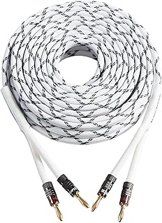 HannLinte 12AWG Speaker Cable (15 Feet), 1 Pack Premium Heavy Duty Braided Speaker Wire with Dual Gold Plated Banana Plug in-Wall CL2 Rated, Oxygen-Free Copper (White)