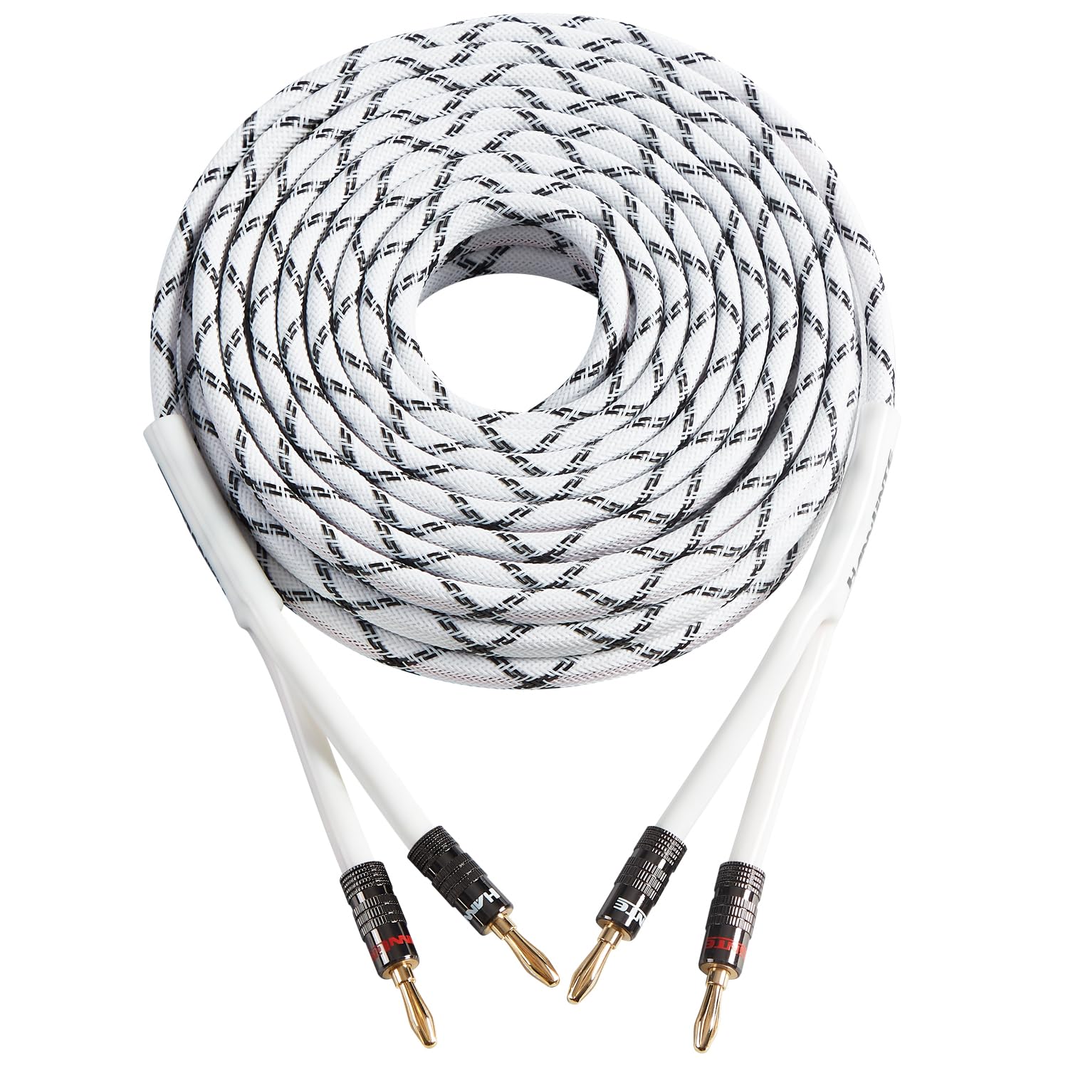 HannLinte 12AWG Speaker Cable (6 Feet), 1 Pack Premium Heavy Duty Braided Speaker Wire with Dual Gold Plated Banana Plug in-Wall CL2 Rated, Oxygen-Free Copper (White)