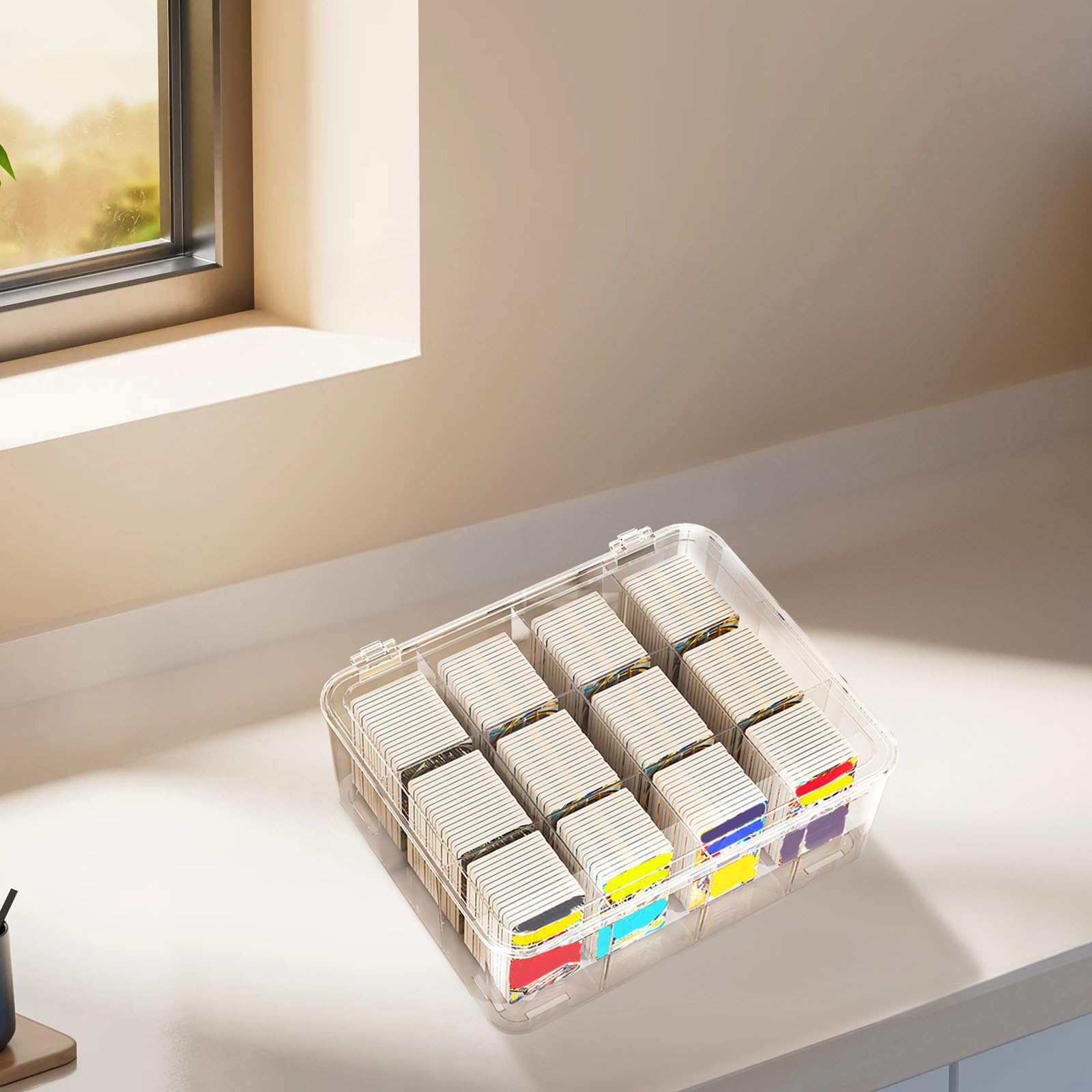 Caja Organizadora de Plástico Transparente Ahorro de Espacio con Compartimentos para Tarjetas, Tarjetero de Escritorio Práctico y Compacto Adecuado para Juegos de Cartas