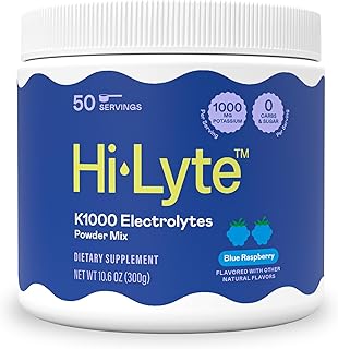 Hi-Lyte K1000 Blue Raspberry Electrolytes Powder, 50 Servings - 1000mg Potassium + Magnesium, Sodium, Trace Minerals - 0 Carbs, 0 Sugar