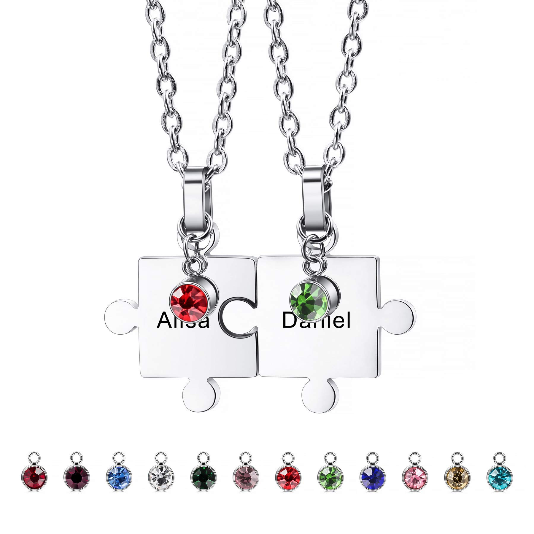 MeMeDIY Personalized Jigsaw Puzzle Pendant 2/3/4/5/6 Pieces Necklace Engraving Name Date for Couples Women Men Customized Birthstone Stainless Steel