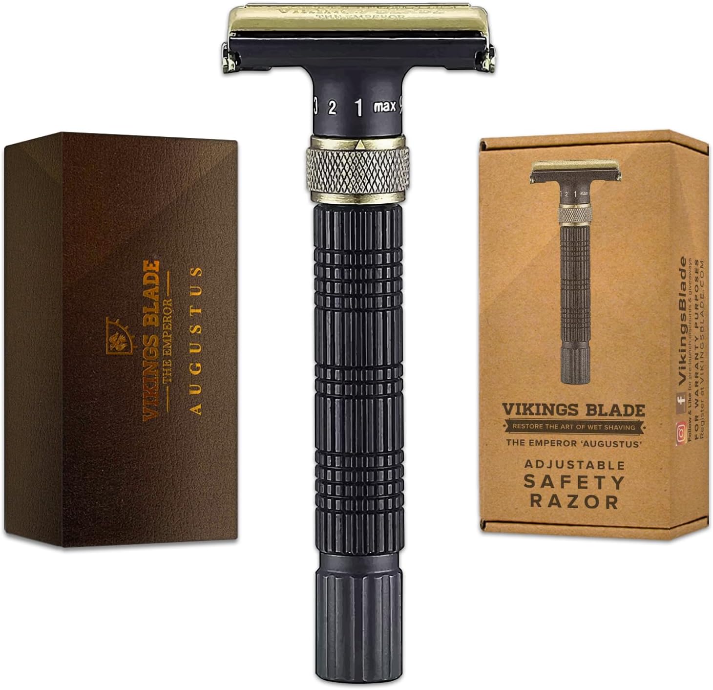 VIKINGS BLADE Adjustable Double Edge Safety Razor + Luxury Case. Smooth, Reusable, Eco-Friendly (The Emperor “Augustus”)