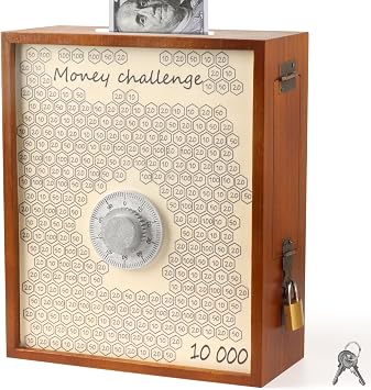 10000 Money Saving Box with Lock, Large Wooden 10k Savings Challenge Box $10,000 Reusable Coin Money Challenge Cash Pink Saving Box Saver Tracker Number Piggy Bank for Adults Kids, Brown