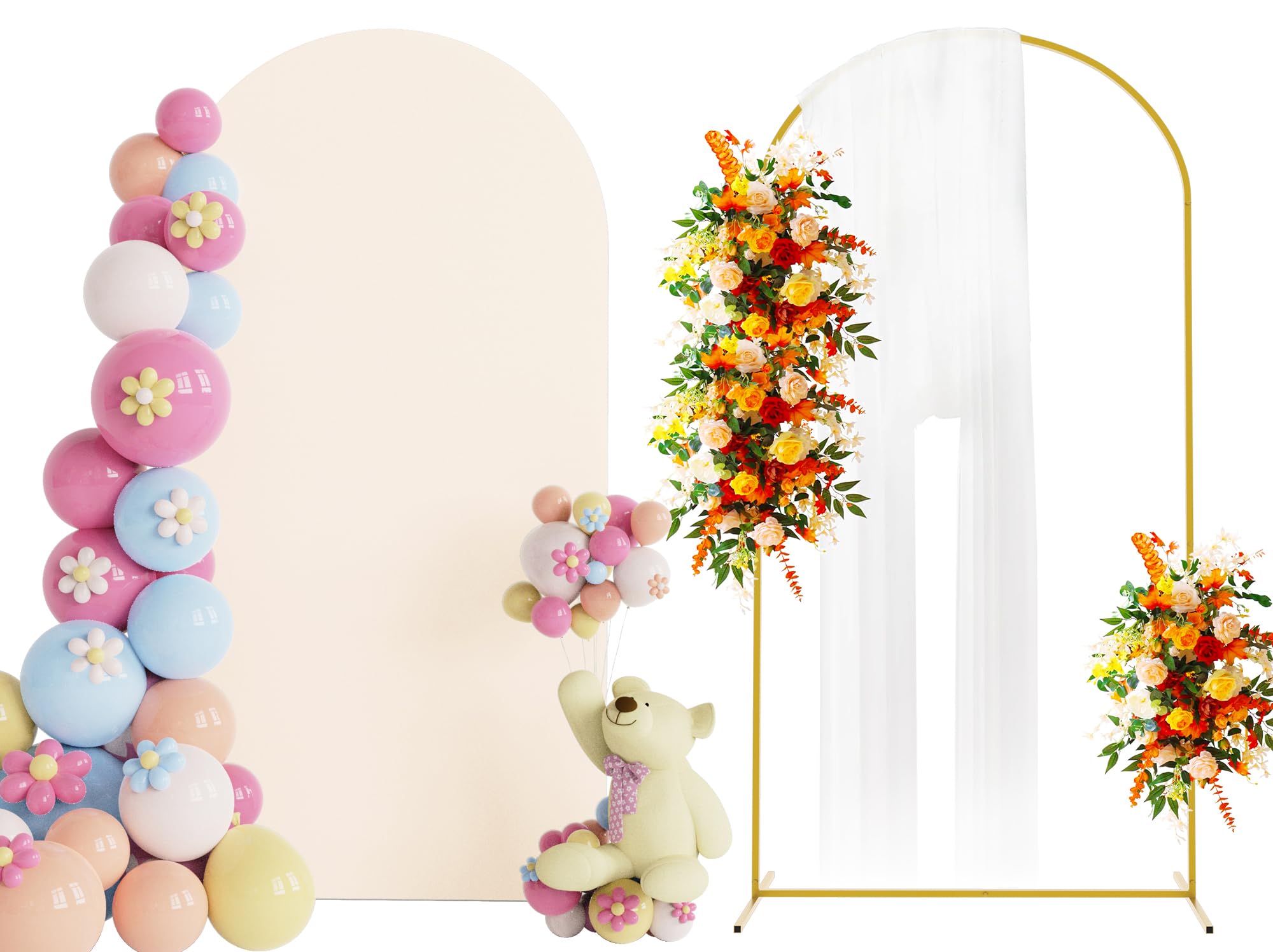 Putros 6.6ft Metal Arch Stand with Cover Beige Spandex Fitted Wedding Arch Cover and Round Top Chiara Backdrop Stand Set for Birthday Party Baby Shower Decoration