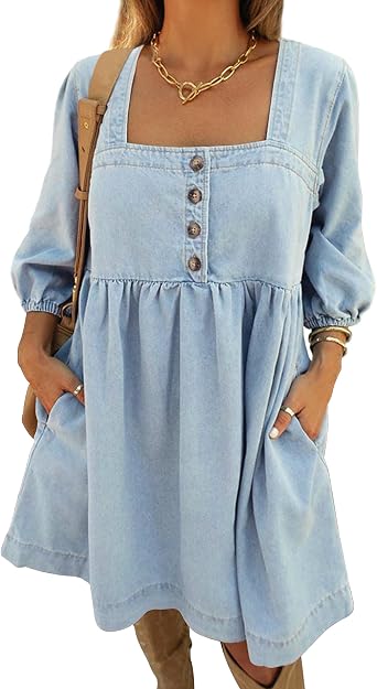 Skirt BL Denim Dress for Women Square Neck Jean Dress 3/4 Sleeve Babydoll Tiered Summer Dresses with Pockets 2025