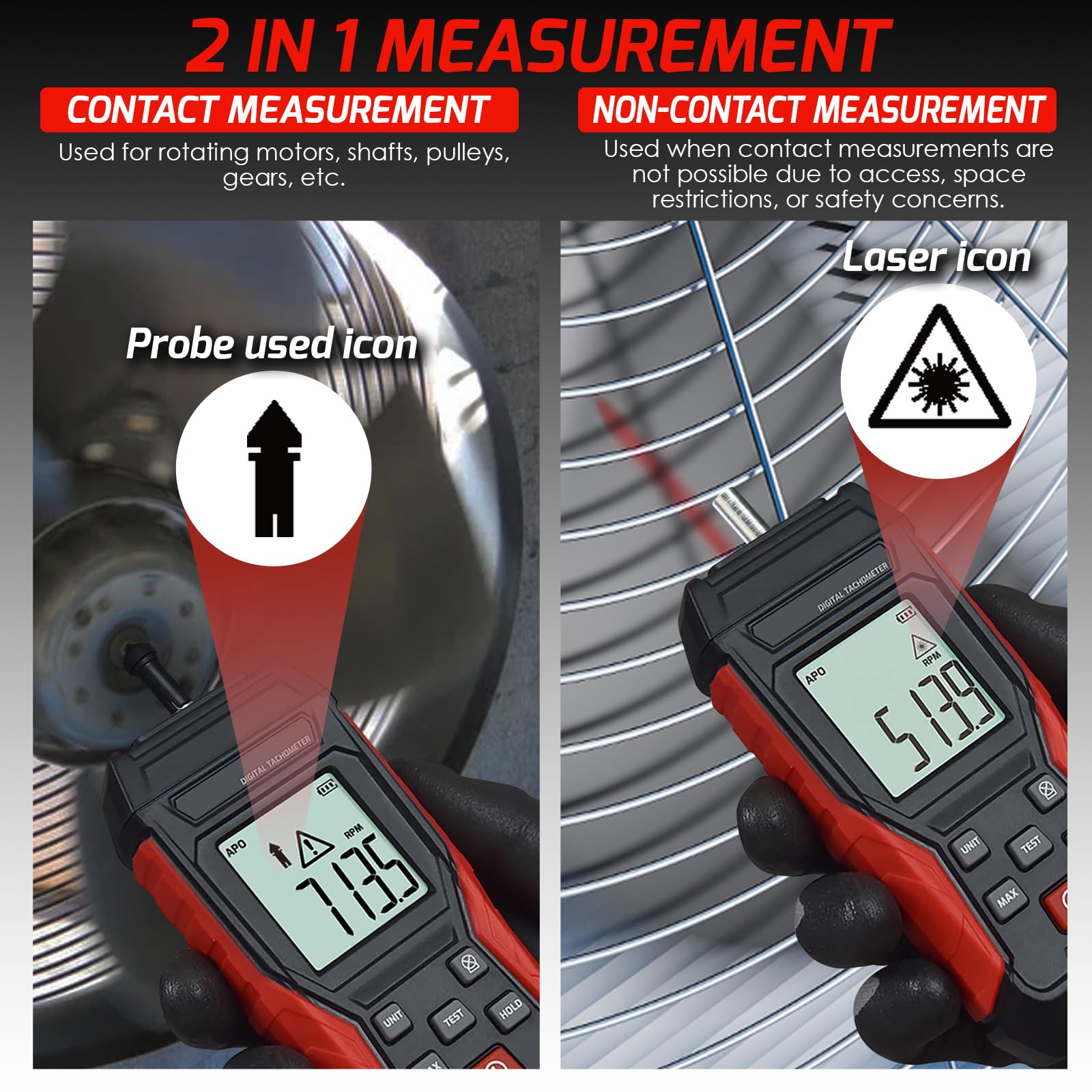 Tachimetro Digitale 2-in-1 con Sensore Laser a Non Contatto (3~99999 RPM) e Modalità a Contatto (3~19999 RPM) - Misuratore di Giri Professionale con Funzioni MAX/MIN/HOLD, Portatile per Motori Auto