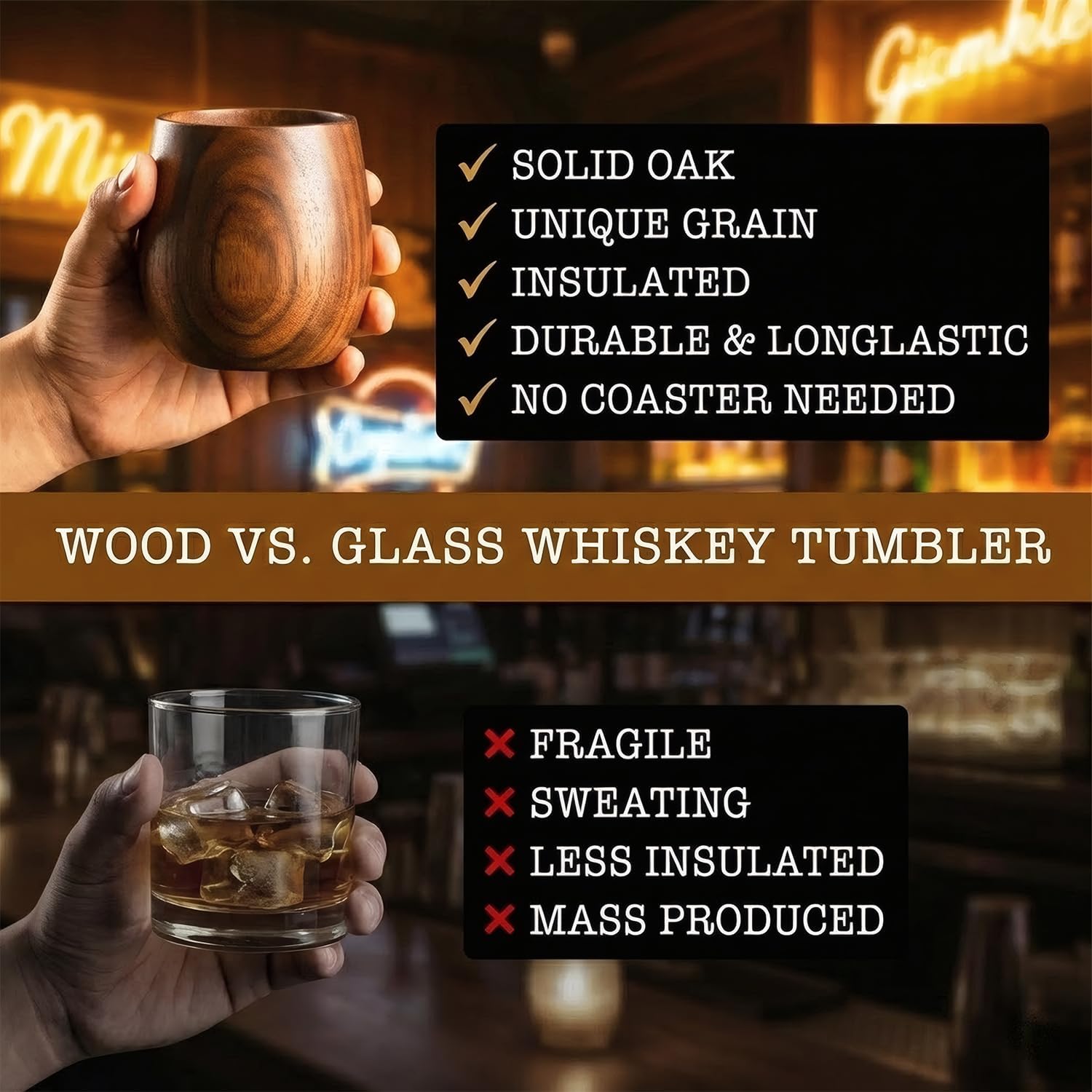 Wooden Whiskey Glasses Set of 2 – Durable Bourbon Glass for Men, Insulated Old Fashioned Glass – Whiskey Gifts for Husband, Dad, Brother – Birthday, Christmas, Father’s Day, Retirement - Image 5