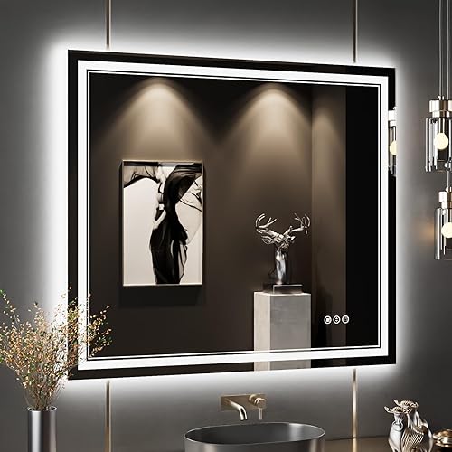 Miniatura 254 de Espejo de baño LED de 40 x 32 pulgadas, luz frontal y retroiluminada, antiniebla, regulable, espejo de tocador iluminado con memoria, espejo LED