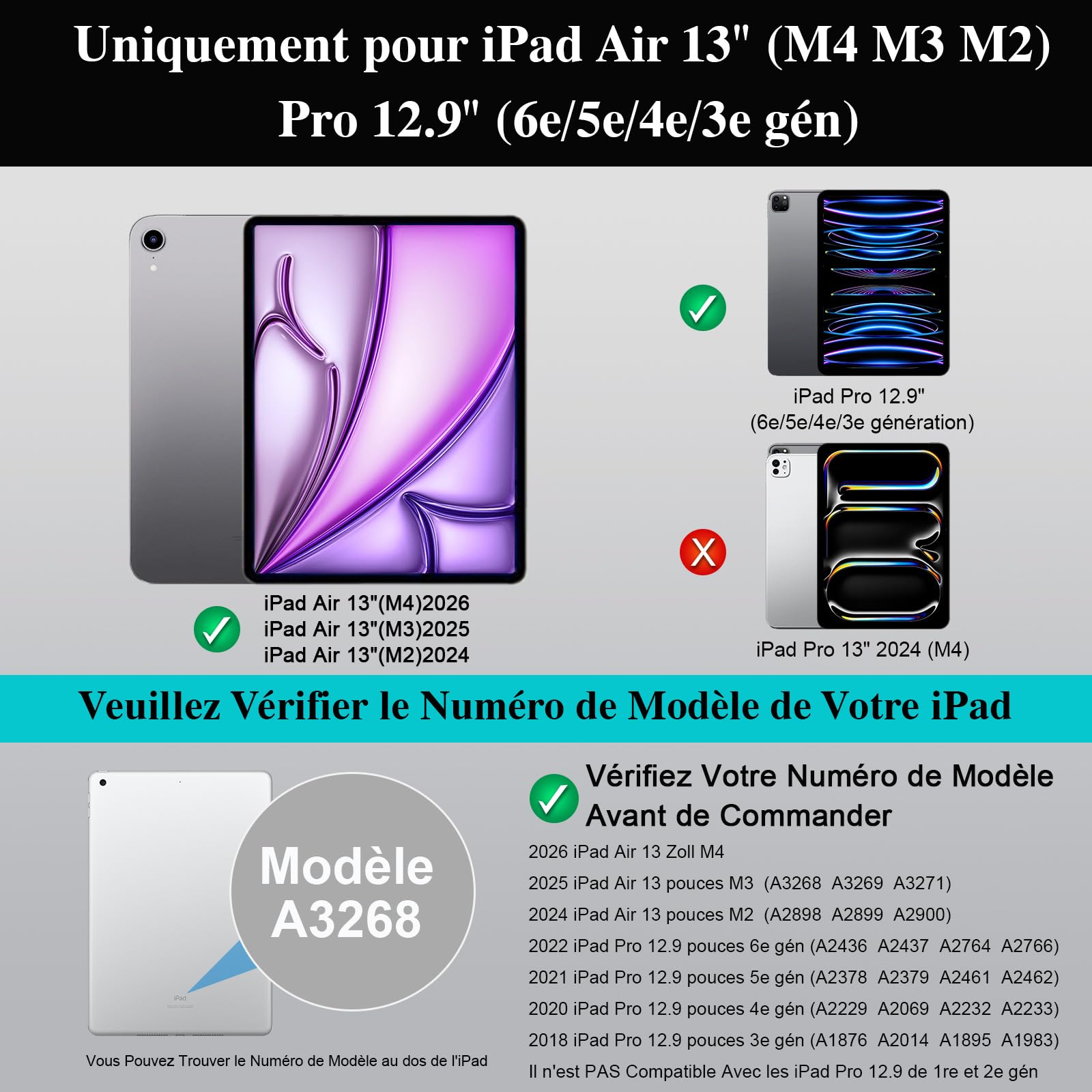Housse Clavier pour iPad Air 13 Pouces (M4/M3/M2, 2026/2025/2024), Pro 12,9" 6e/5e/4e/3e Gén, Clavier Bluetooth Magnétique Détachable, Trackpad, Rétroéclairées, Support Ajustable (Noir)